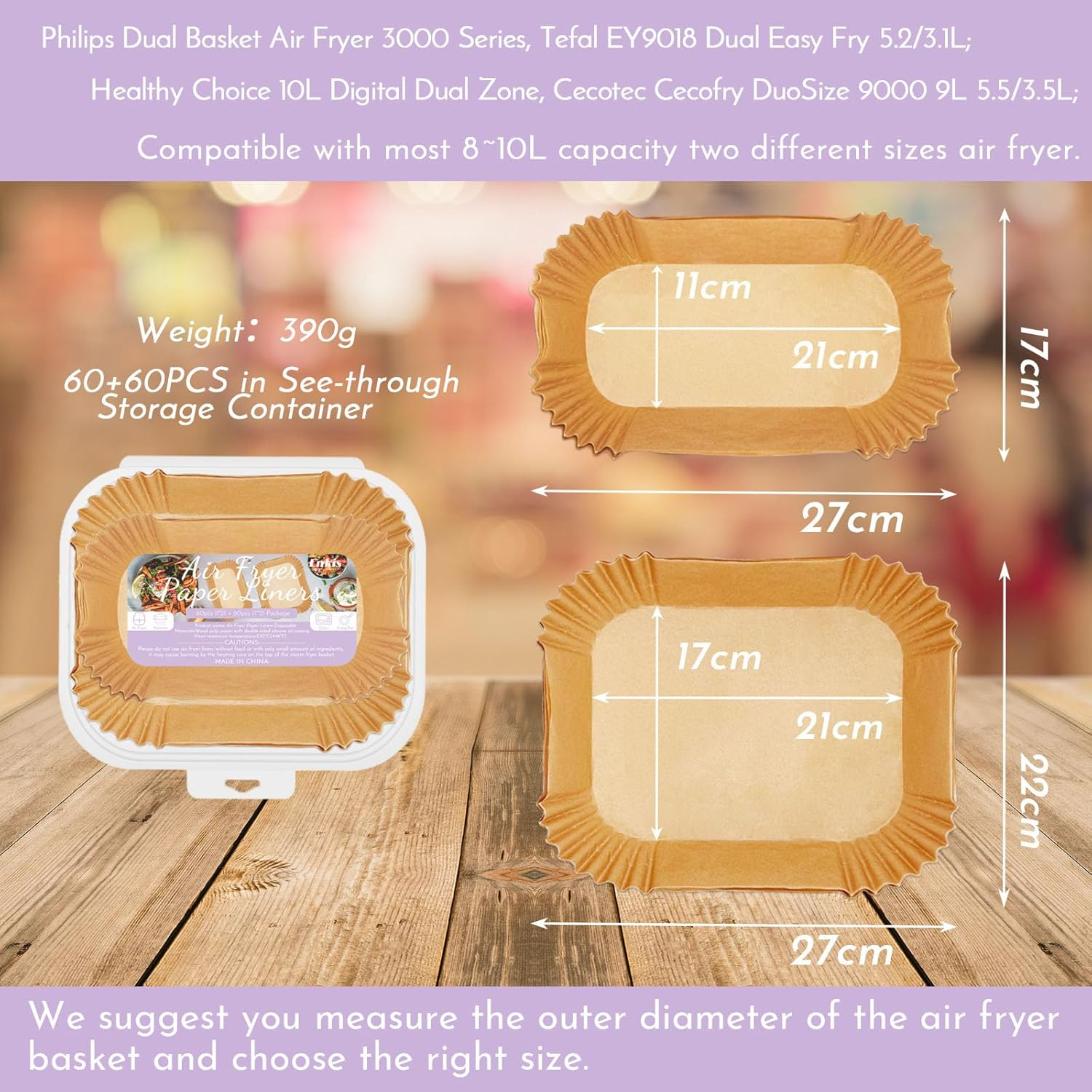 Air Fryer Liners, 60+60 Pcs Disposable Parchment Paper Liners for Philips Air Fryer 3000 Series Dual Basket image number 1