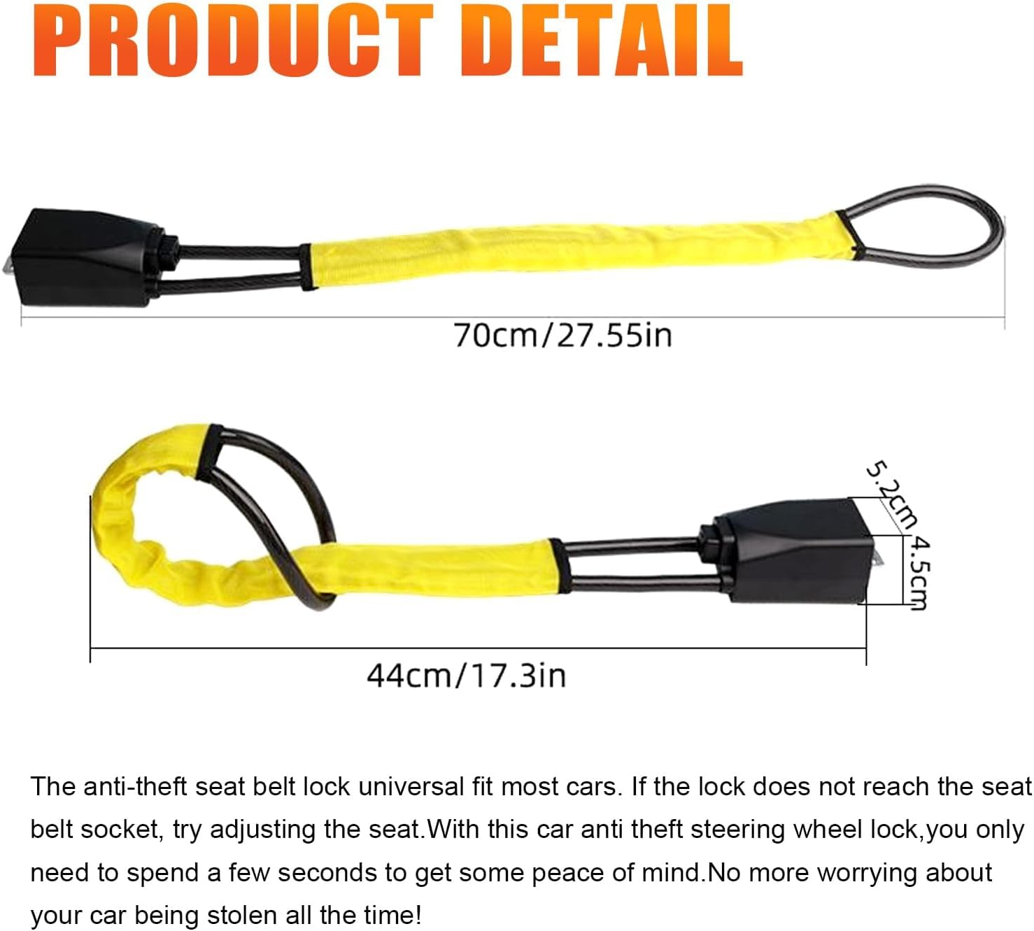 Car Steering Wheel & Seat Belt Lock - 17" Universal Anti-Theft Device for Vehicles, Suvs, Golf Carts | Compact & Lightweight Security Lock with Multi-Function Keys (Yellow) image number 5