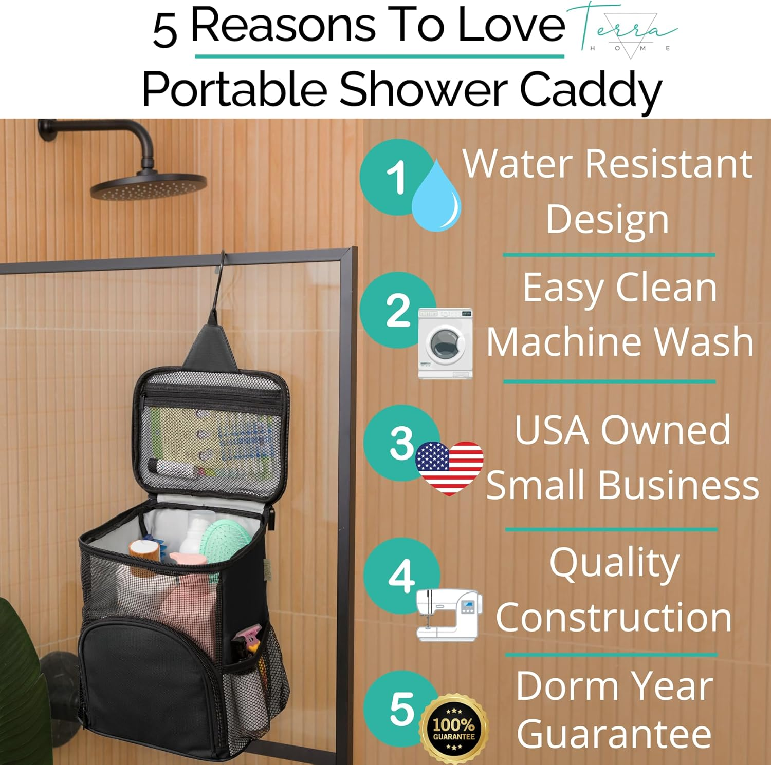 TERRA HOME Original Portable Shower Caddy for College Dorms - Foldable Mesh Tote - Dorm Room Essentials - Durable Hanging Travel Shower Bag - Perfect for College Students, Men, Women (Black) - Black image number 5