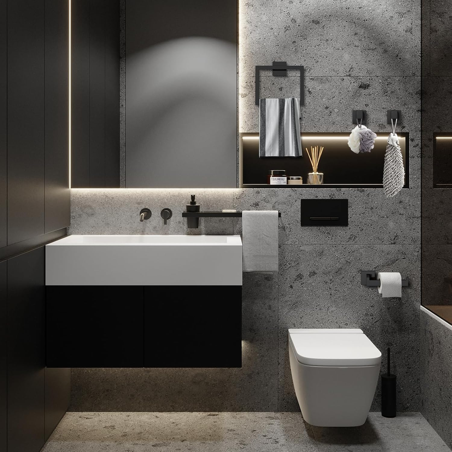 Sunzone Bathroom Hardware Accessories Set, Matte Black Bathroom Accessories Set,Wall Mounted Stainless Steel Towel Rack,Towel Ring,Toilet Paper Holder,2 Towel Hooks image number 2