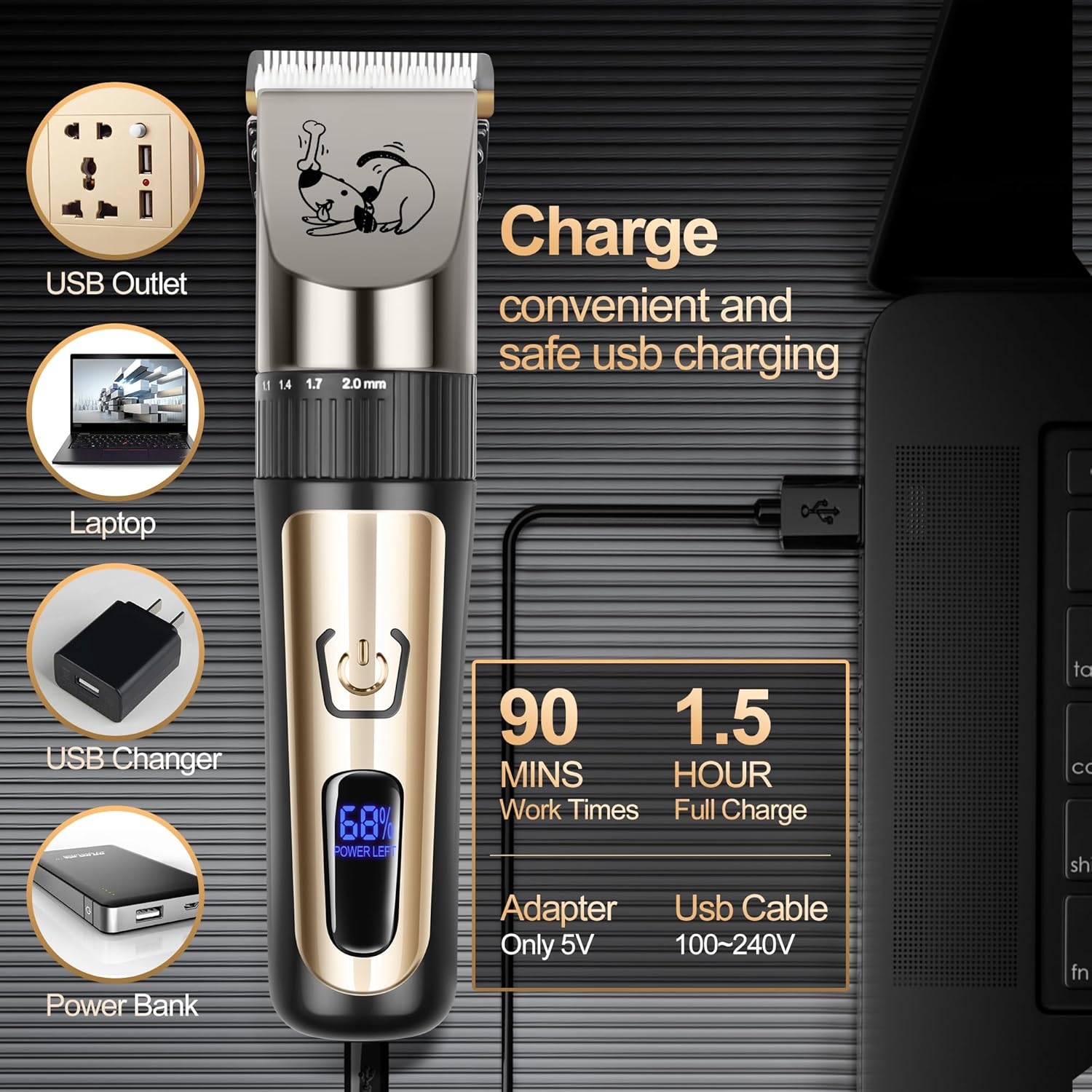 Dog Scissors, Wireless Low Noise Rechargeable Electric Dog Grooming Trimmer Kit, Adjustable Comb & Removable Blades, Suitable for Dogs & Cats