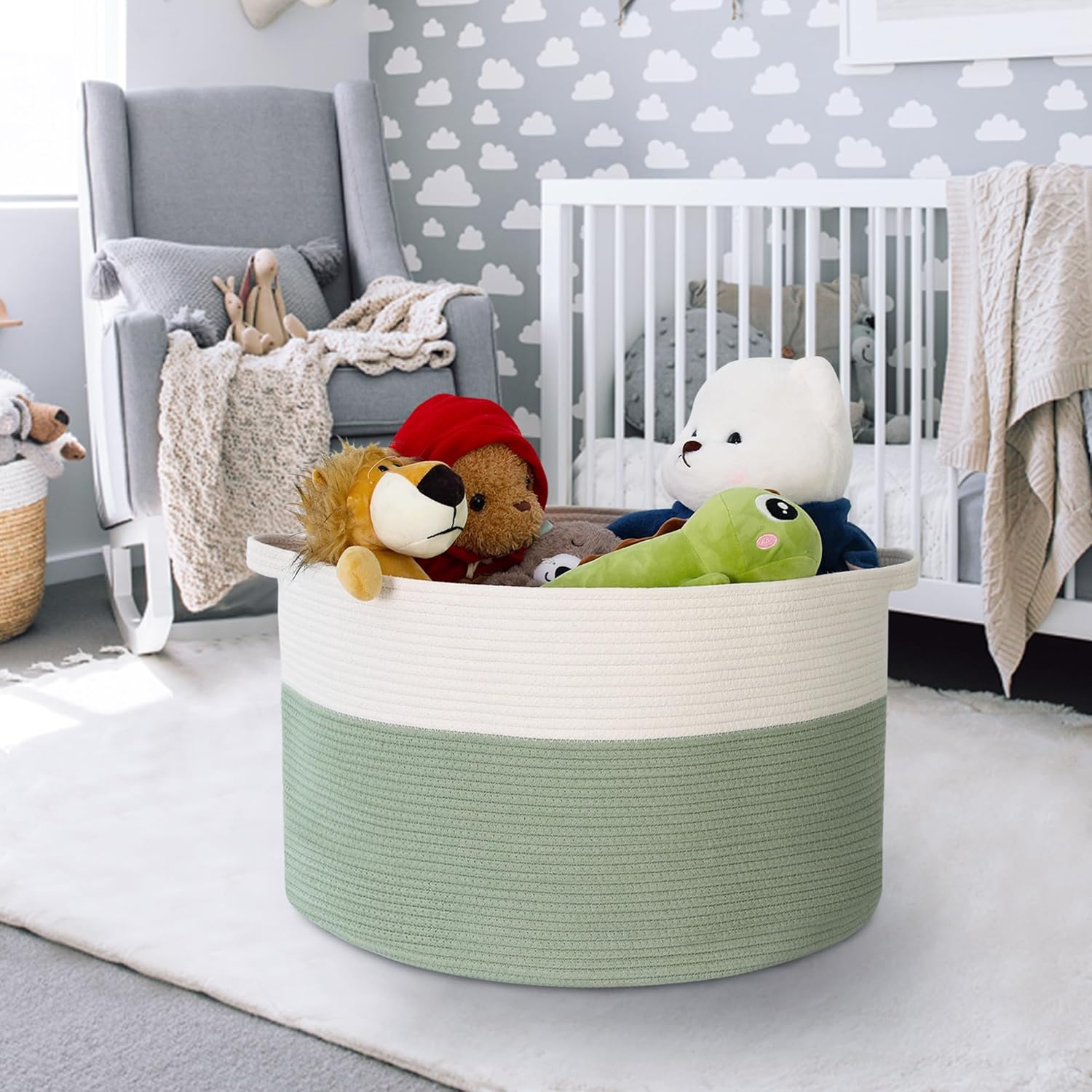 MEGASKET Extra Large Green Storage Baskets, 22" X 22" X 14" Kids Toy Baskets Storage, XXXL Dog Toy Bin Basket, Nursery Baby Toy Organizer Box, Soft Cotton Rope Woven Basket, Blanket Basket Living Room - Dark Blue And Blue Stripe image number 6