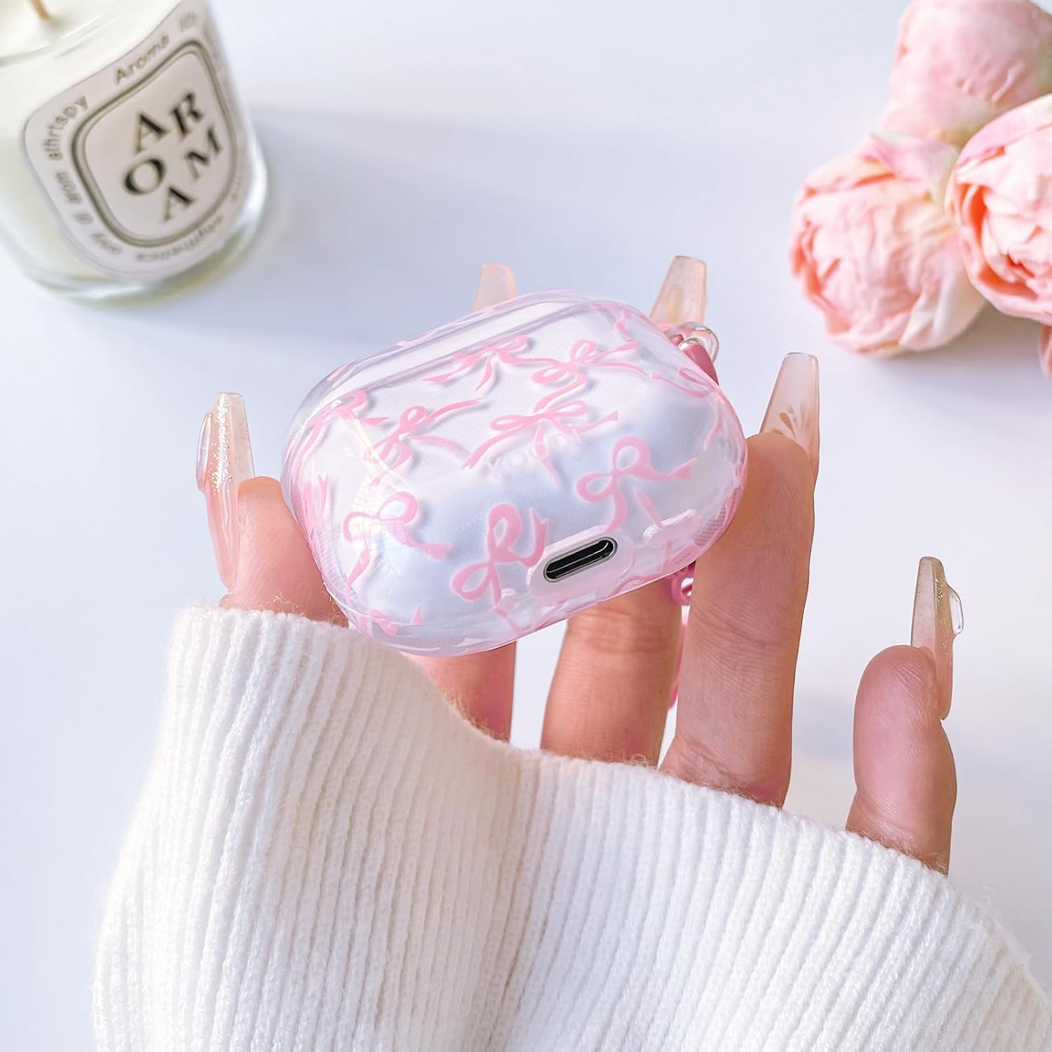 Lovmooful Compatible for Airpods 4Th Case Cute Clear Ribbon Bowknot with Lovely Pearl Chain Design for Women Girls Soft TPU Shockproof Protective Cover Case for Airpods 4 - (Pink) image number 4