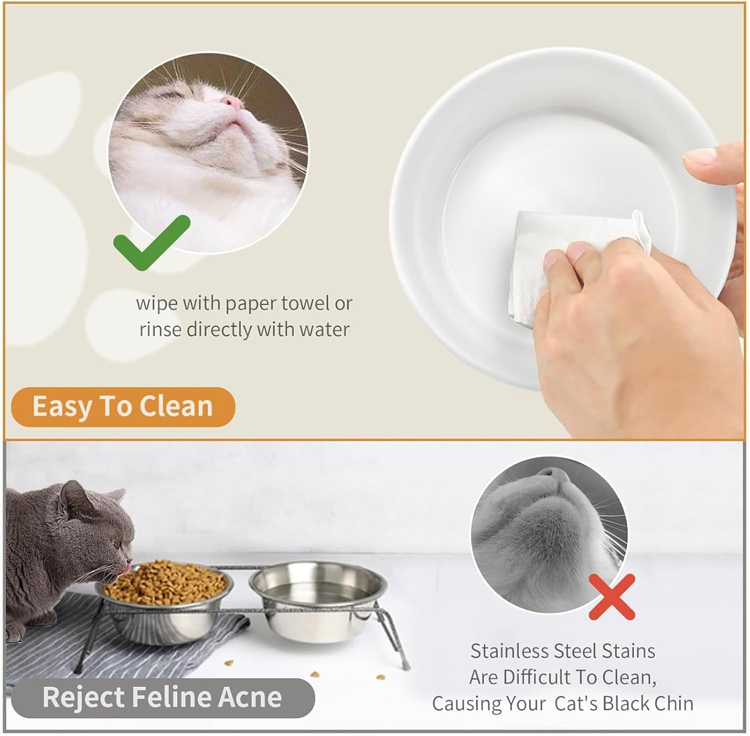 Ceramic Cat Bowl,Small Dog Food Bowl,With Wood Stand Non-Slip,Double White Bowls,Ceramic Bowl for Food and Water (800Ml/27Oz) image number 4