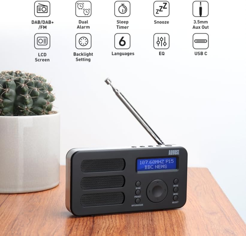 August MB225 Portable DAB Radio DAB/DAB +/FM - RDS Function, 40 Presets, Stereo/Mono Portable Digital Radio, Dual Alarm, Rechargeable Battery, Headphone Jack (Black) - Black image number 4