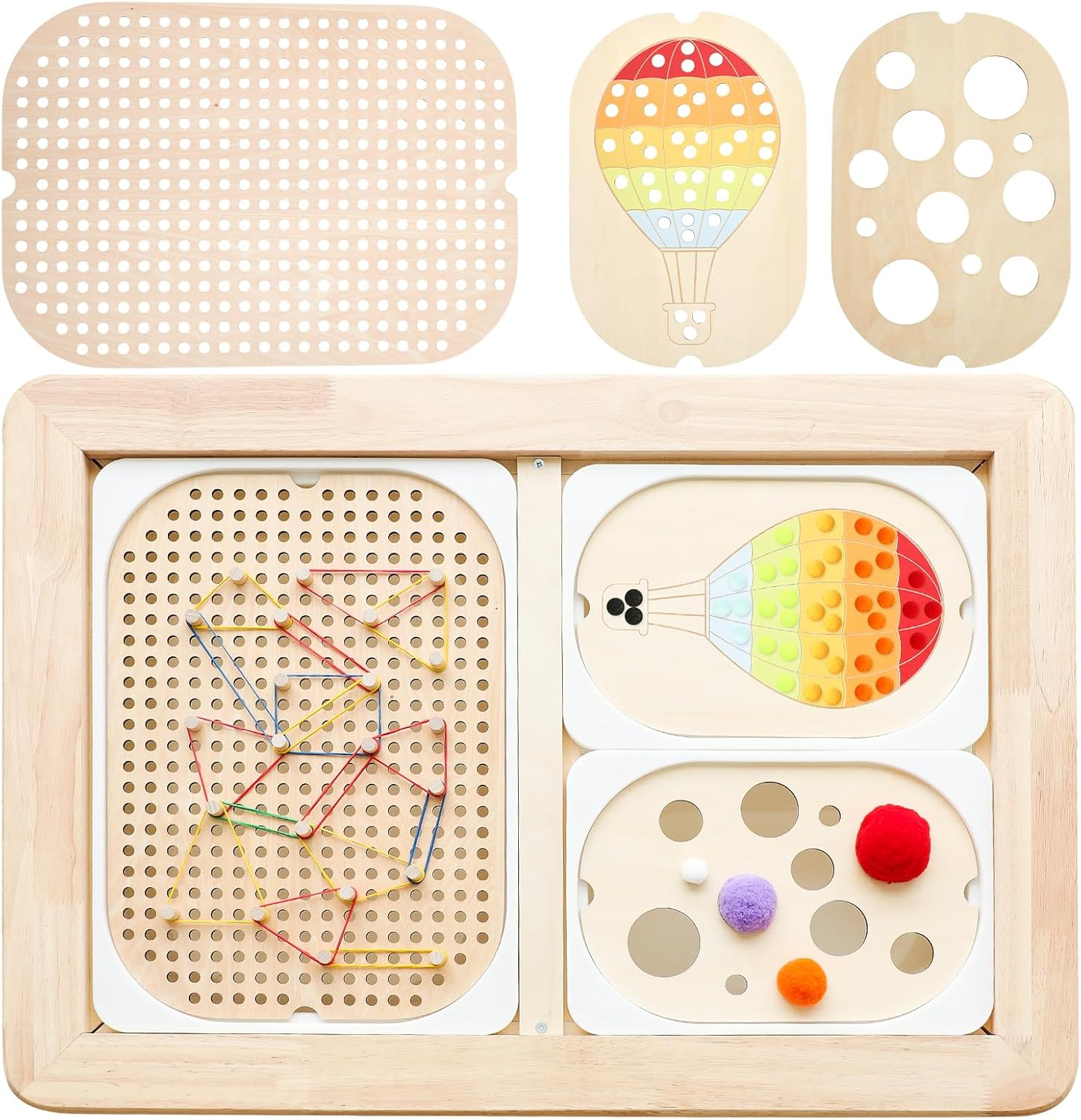 IEATFO 3-Pack Wooden Sensory Boards - Large and Small Storage Box Inserts - Pegboard, Size & Color Cognitive Boards - Include Wooden Pegs, Elastics, Pompoms(Suitable for IEATFO Sensory Tables)