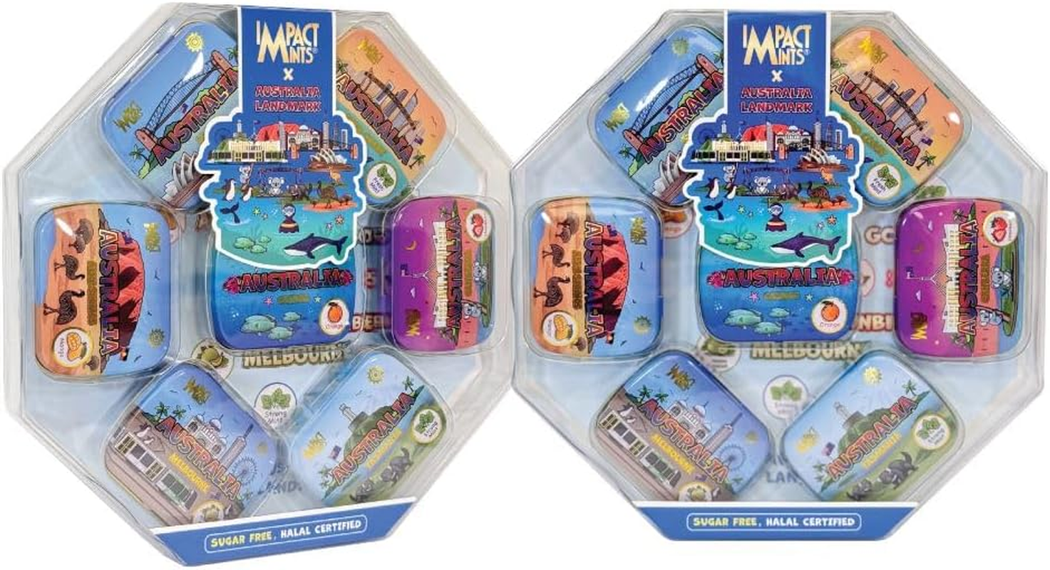 Impact Mints Australia Landmark Sugar-Free Halal Certified Candy Gift Set, 7 Collectible Tins with Mixed Flavors, Souvenir Collection