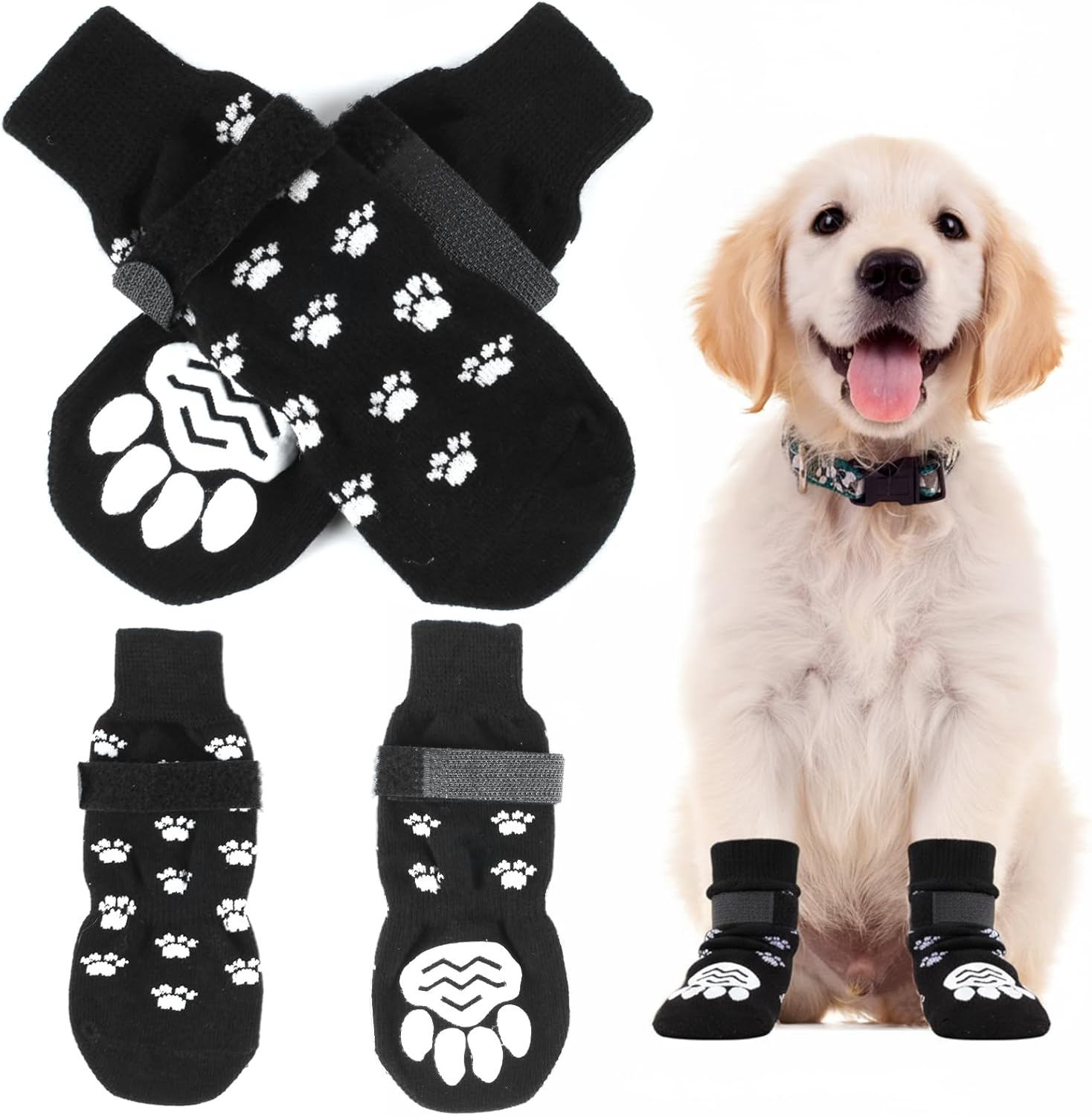 2 Pairs White Anti-Slip Dog Socks with Adjustable Straps, Paw Protectors to Stop Licking for Injured Paws, Indoor Outdoor Boots for Hardwood Floors (M) image number 3
