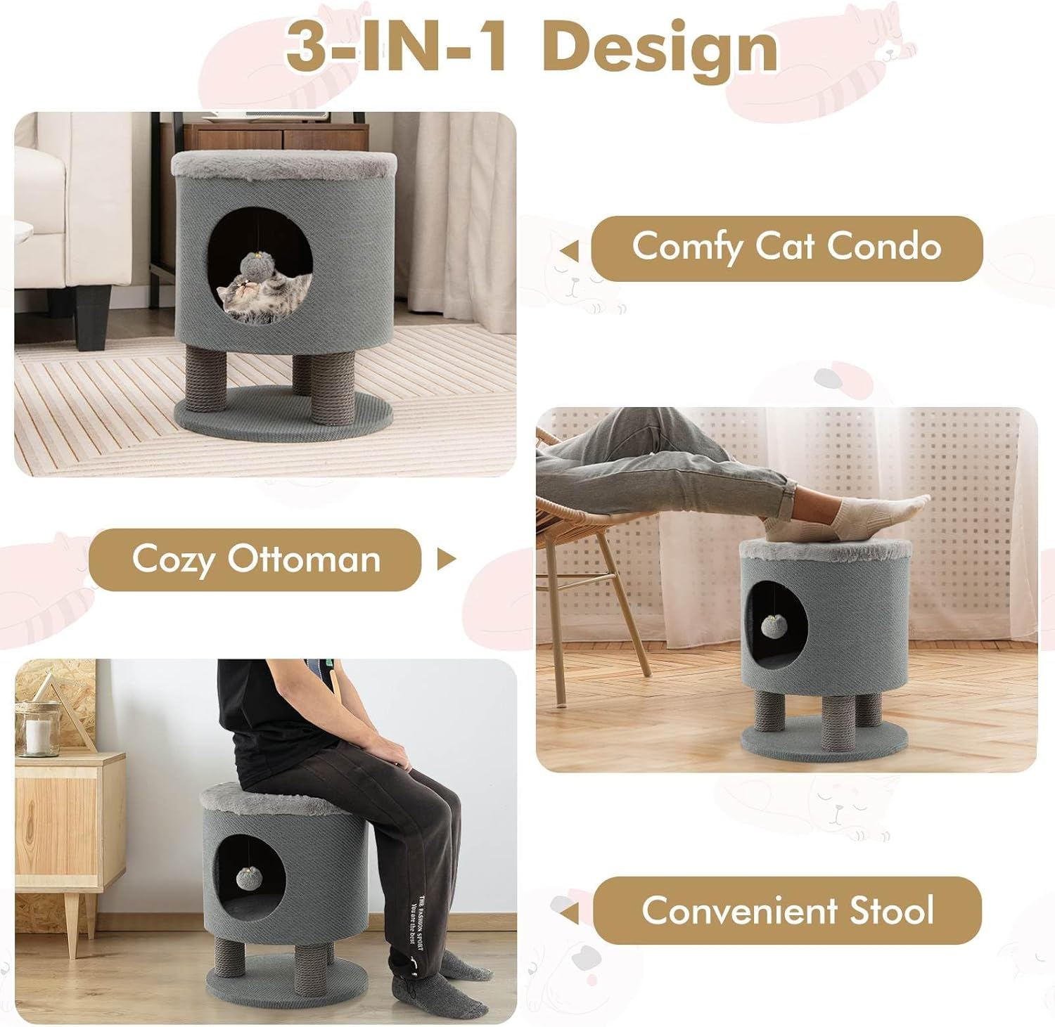 Costway Cat Condo Stool, Cat House Stool, Cat House Cube, Enclosed Cat Shelter, Small Cat Tree, Cat Furniture Bed with Scratching Post, Multipurpose Cat House (Grey, 40 X 40 X 47 Cm (L X W X H)) image number 2