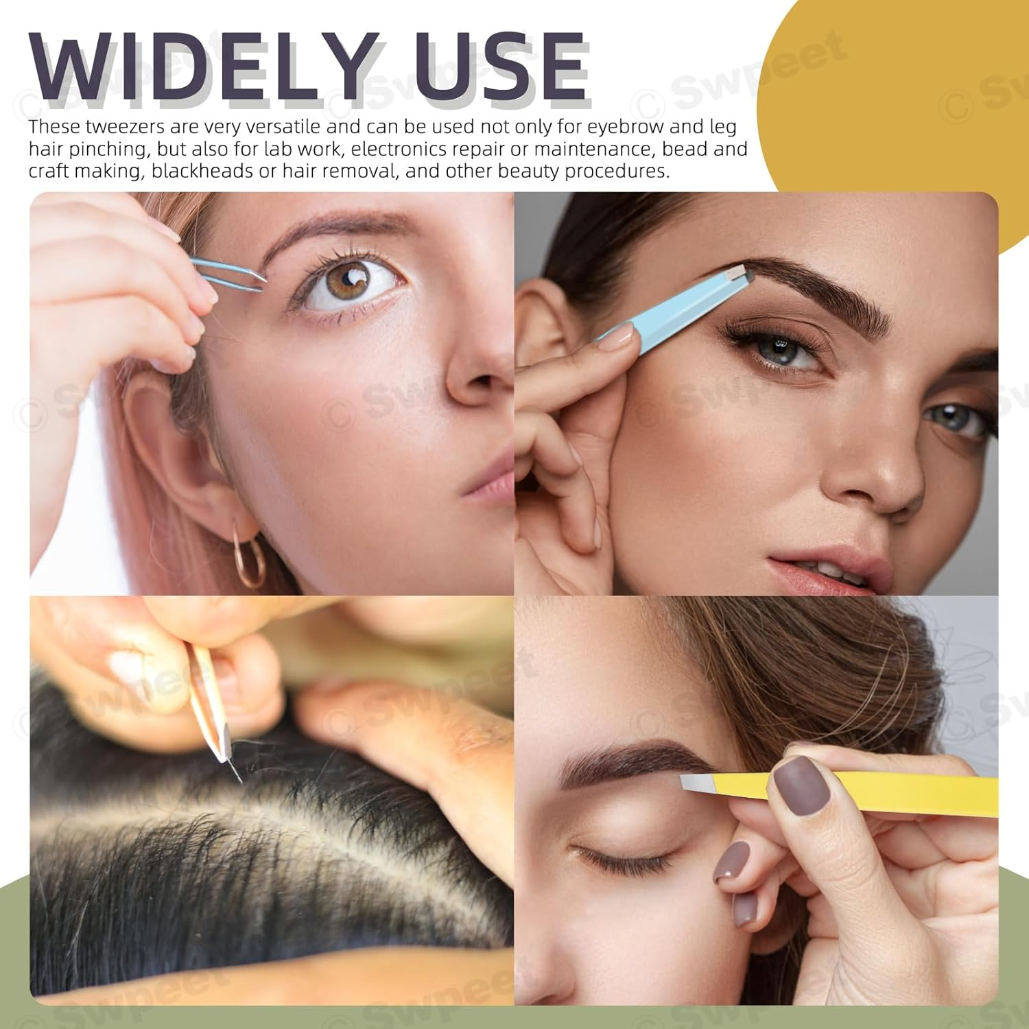 Swpeet 4Pcs 3.79 Inches Multi-Color Eyebrow Tweezers Stainless Steel Tweezers Kit with Leather Travel Case, Professional Slant Pointed Precision Tweezers Great Precision for Eyebrows Facial Hair - Black image number 2