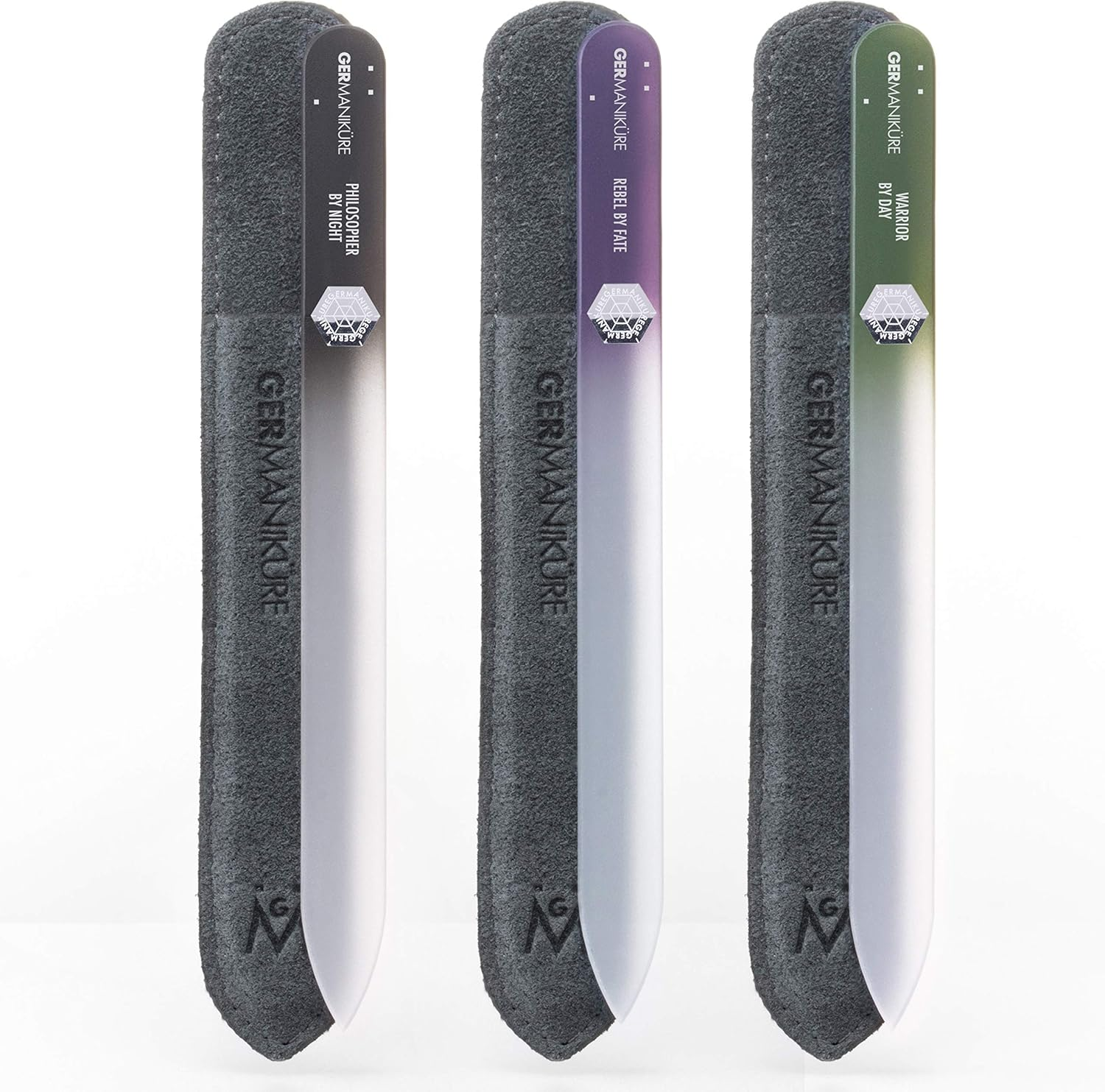 GERMANIKURE Czech Crystal Glass Nail File 3 Pack in Suede Leather Case - Professional Manicure & Pedicure Products for Smooth Easy Shaping of Natural Nails
