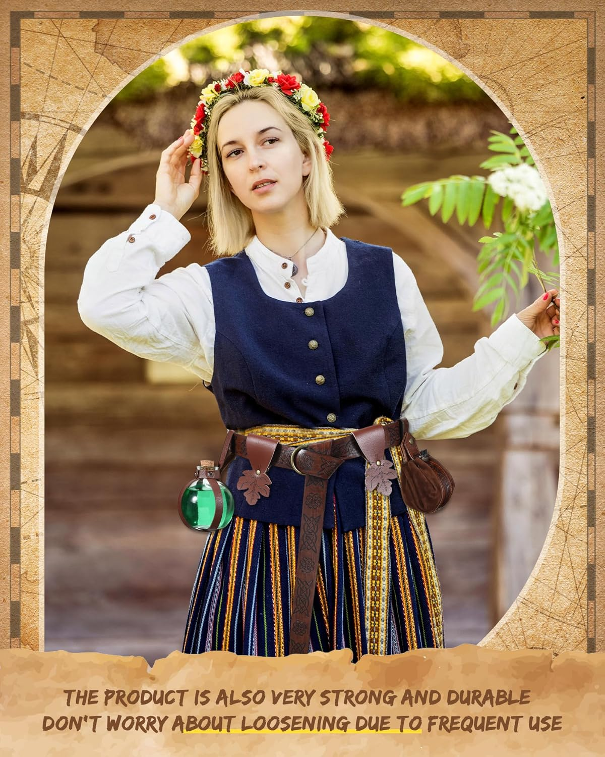 Sweetude 6 Pcs Renaissance Belt Halloween Medieval Viking Belt Potion Bottles Faux Leather Belt Pouch Skirt Hikes Mug Holder image number 5