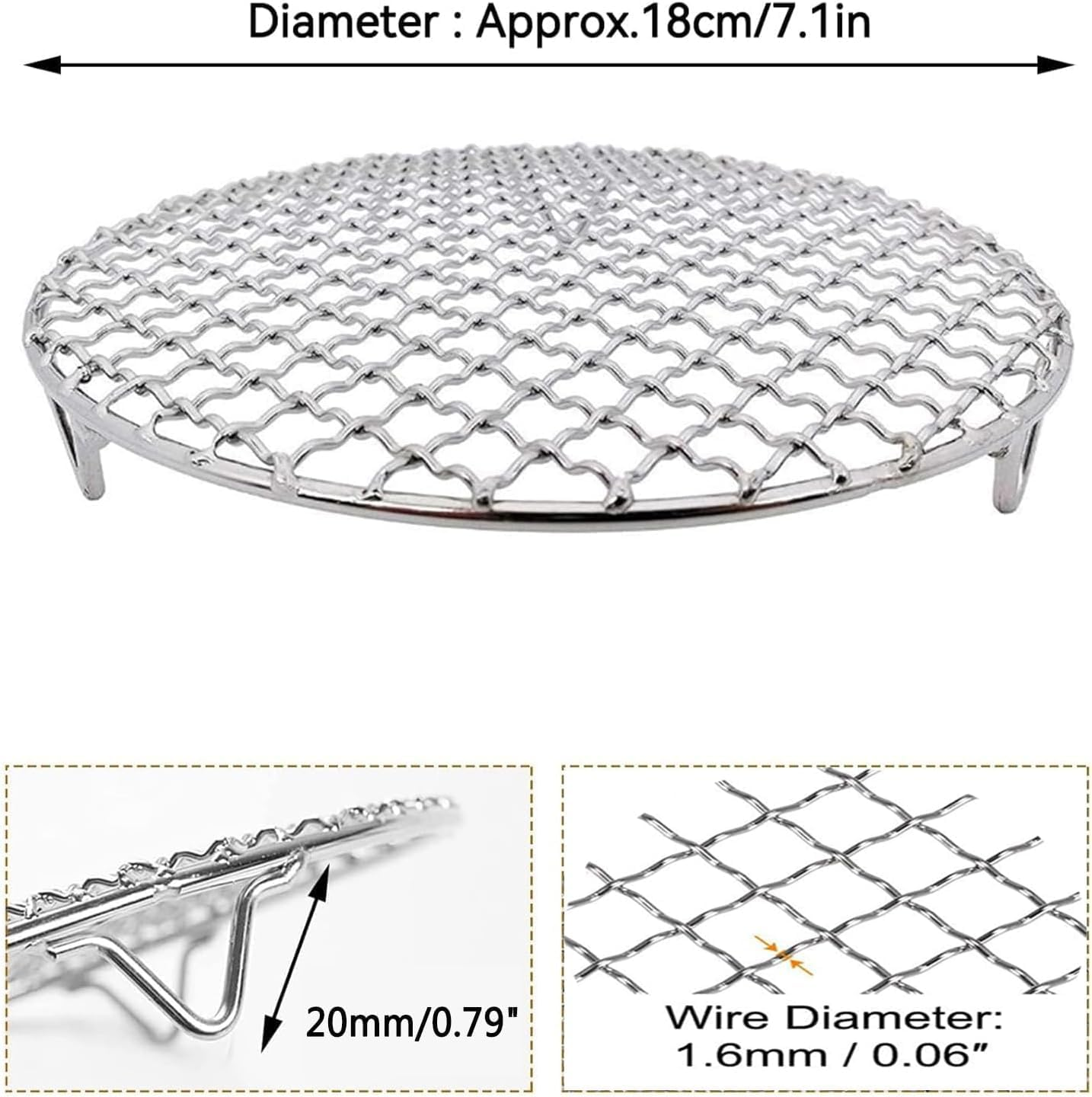 Round Stainless Steel BBQ Grill Mesh, 2 Piece Stainless Steel Cross Wire Barbecue Grill Net with Legs, round Camping Fire Pit Grate Barbecue Mesh for Camping or Picnic