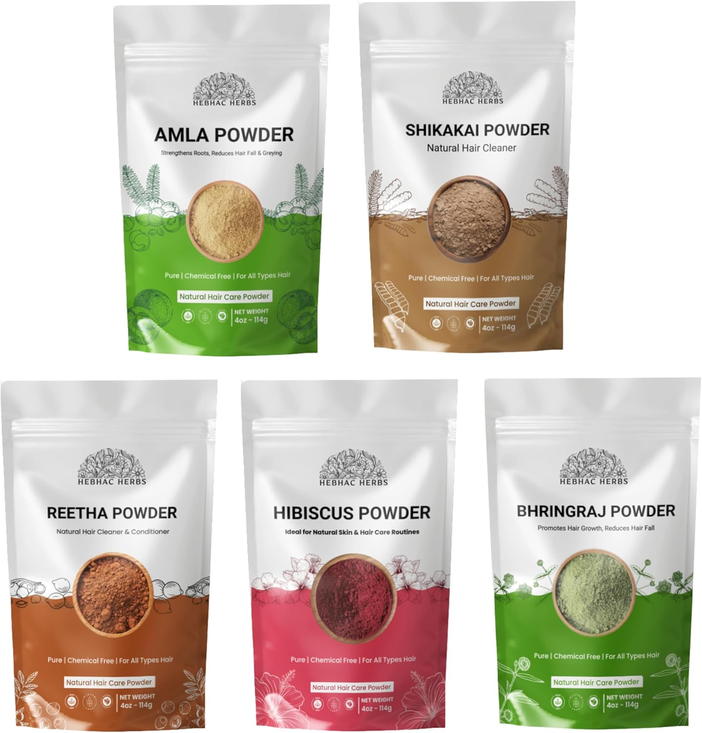 Hair Care Combo Natural Hair Cleanser Amla, Reetha & Shikakai Powders, Bhringraj & Hibiscus (Each 114G) Herbal Hair Pack, Ayurvedic Powders for Hair Growth, Scalp Health image number 2