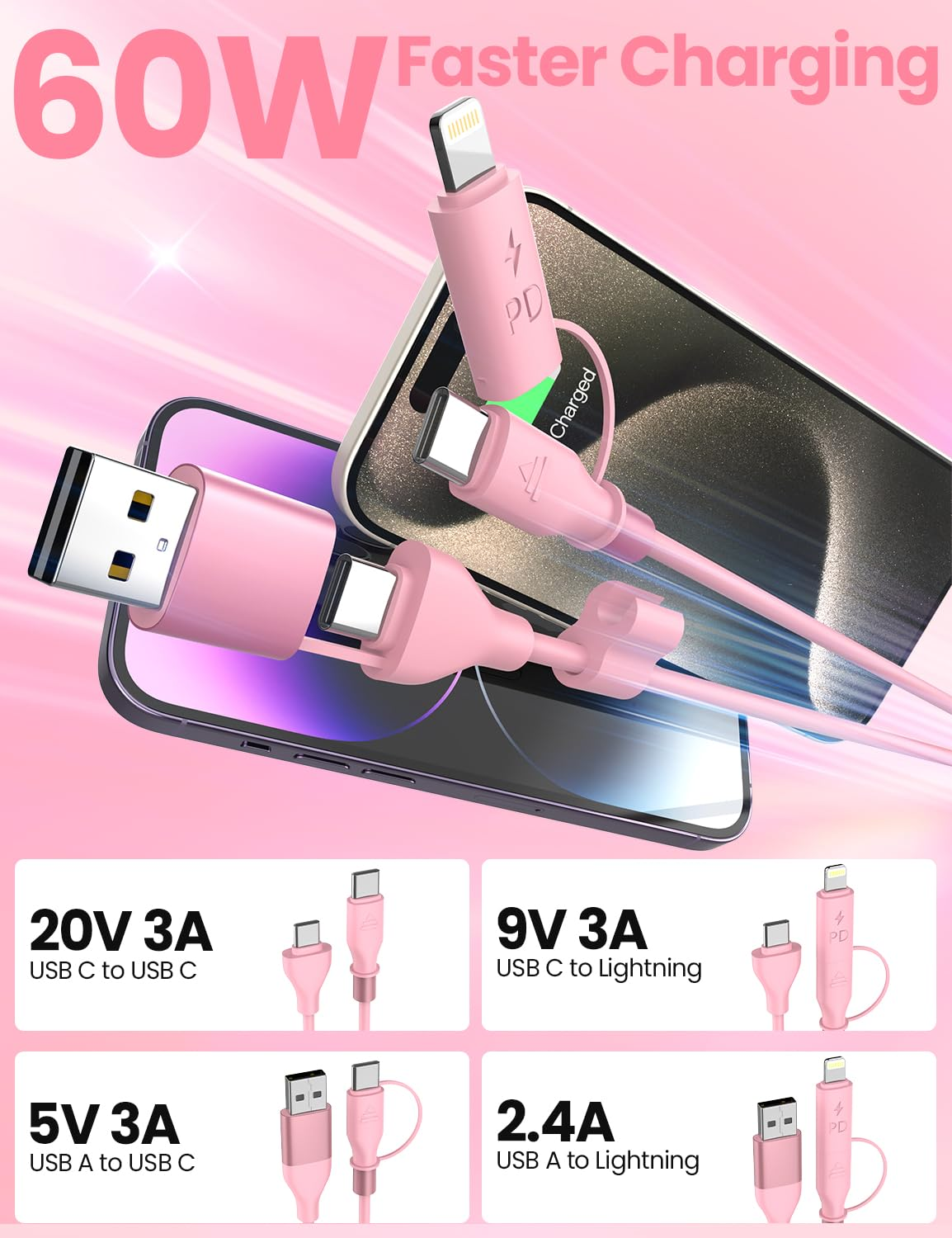 Coiled USB-C and Lightning Cable 2-In-1, Iphone 17 Car Charger Cord, 60W Fast Charging Cable for Iphone 16/15, Samsung Galaxy Supports Apple Carplay & Android Auto 1M (Pink) - Pink image number 3