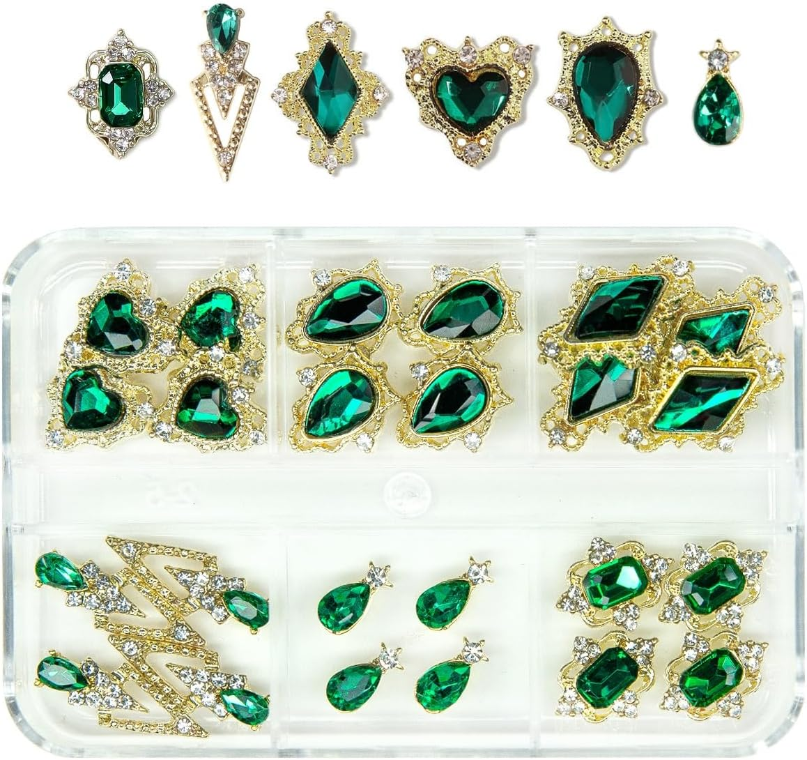 Qiipii 24Pcs 6 Styles Emerald Green Nail Charms Big Luxury Nail Rhinestones Heart Gems Crystals Diamonds Jewelry Jewels Stones Nail Art Studs for Arylic Nails DIY Crafts Clothes Shoe Phones Cardmaking