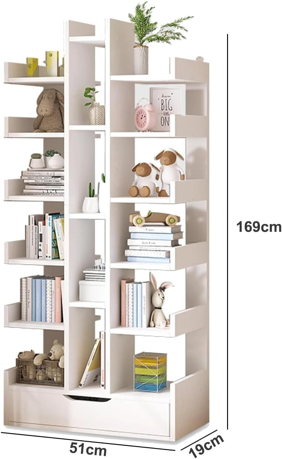 18-Tier Floor Standing Tree Bookshelf, Home Corner Bookcase with Drawer for Cd/Movies/Books, Home Shelf Cabinet Bookcases Storage Rack for Bedroom,Living Room,Office (18-Tier White) image number 3