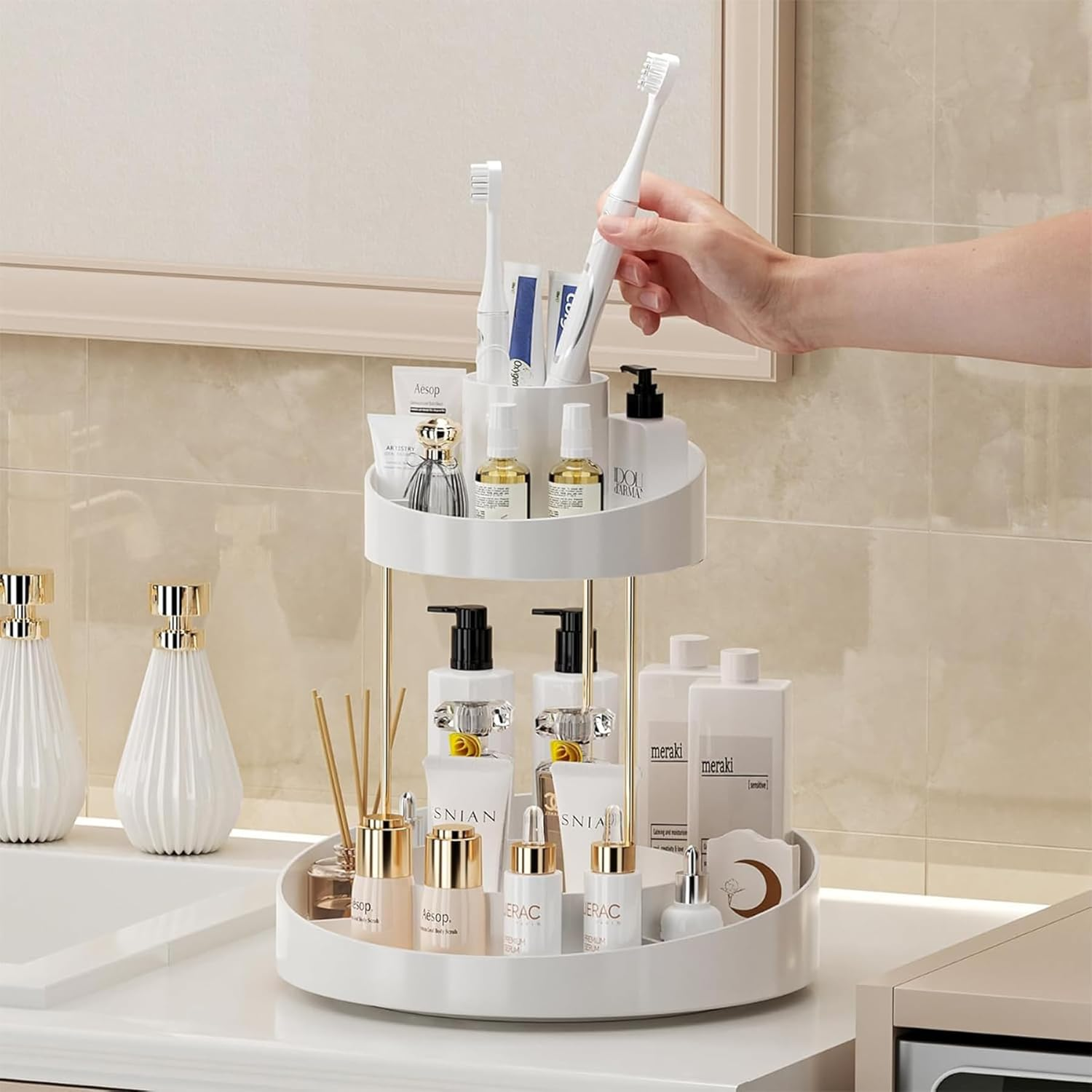 Baoswi 360&deg; Rotating Makeup Organiser, 2 Tiers Perfume Organiser, Skincare Cosmetic Organiser, Dressing Table Organiser for Lipsticks, Makeup Brushes, Lotion, Perfume, Cosmetic (Beige) image number 6