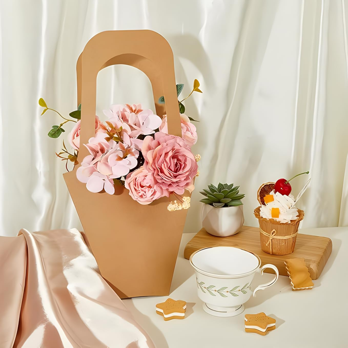 Flower Bouquet Bags with Handle Brown Paper Floral Gift Bags Flower Arrangement Bag Gift Box Convenient Handles Wrap Bags for Birthday Wedding Party Favors 40Pcs.