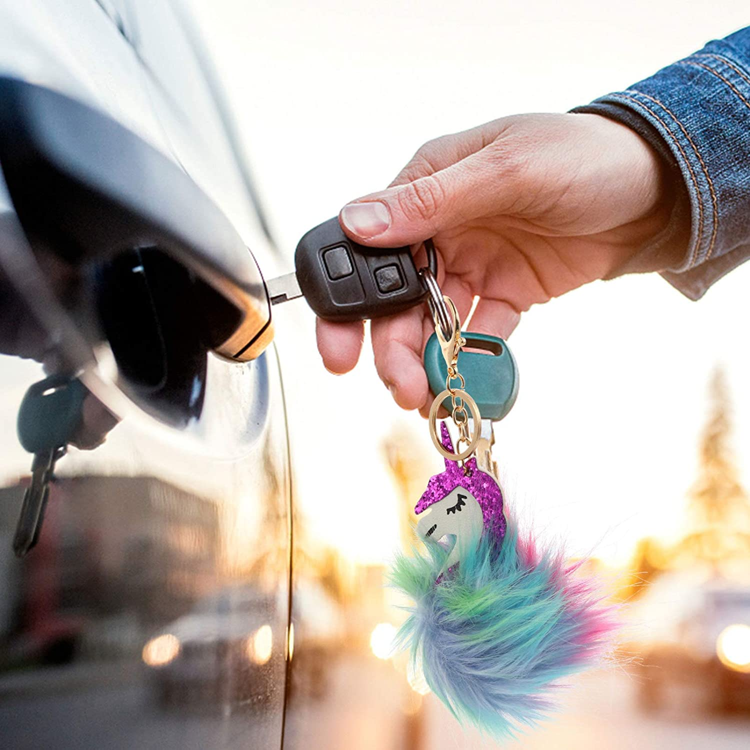 Toddmomy 3Pcs Animal Pom Pom Keychain Cute Fox Unicorn Deer Fluffy Keyring Kids Car Purse Backpack Handbag image number 5