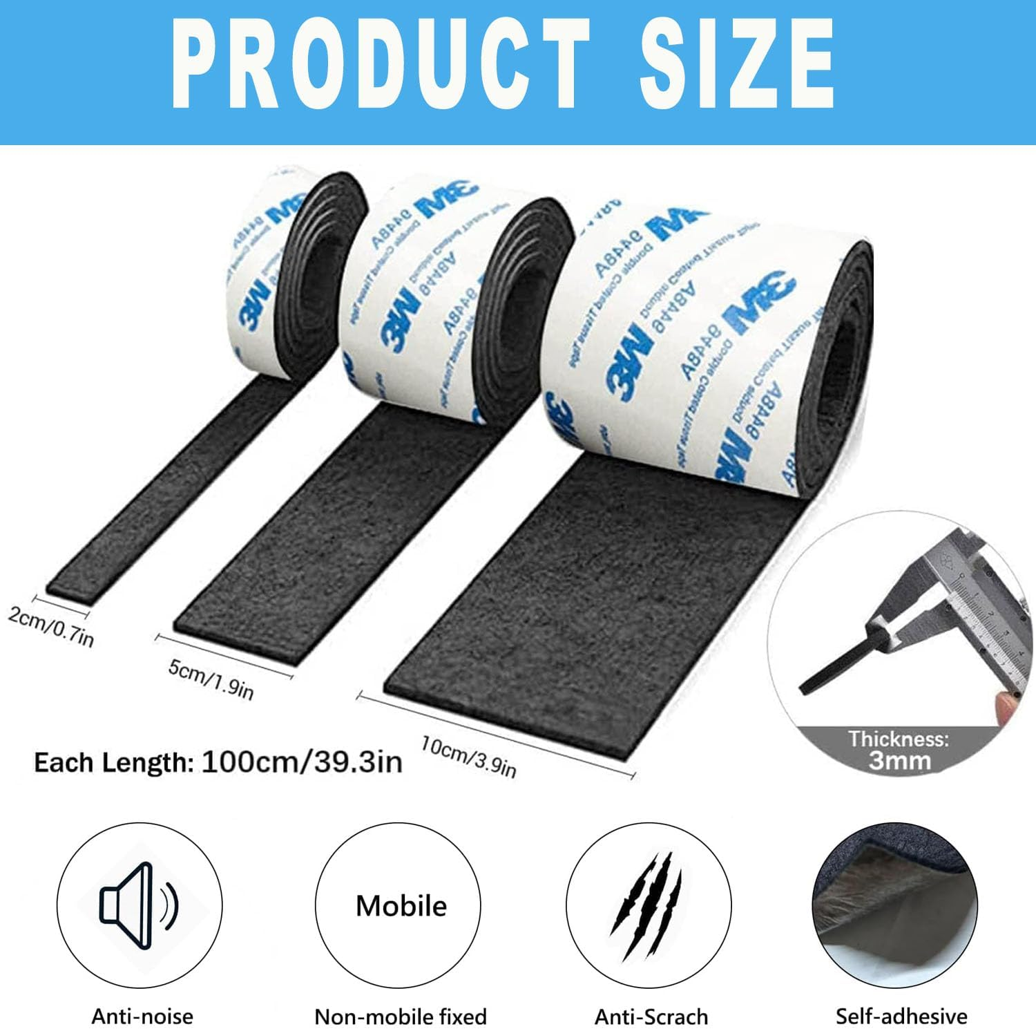 BEANPRECOY 3 Size Felt Strip Rolls DIY Furniture Felt Pads Felt Pad Furniture Self Adhesive Floor Protector Pad for Hardwood Floors Floor Protectors Desk Chair Sofa Leg Black（10/5/2Cm）*100Cm image number 2