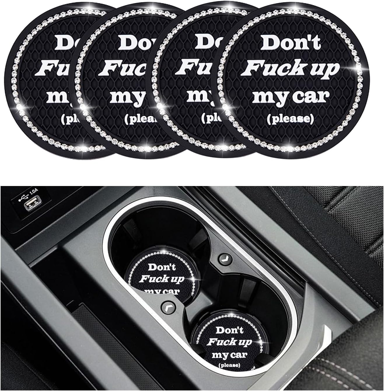 4 PCS Bling Car Cup Coaster, 2.75 Inch Anti-Slip Cup Holder Insert Coasters, Universal Crystal Rhinestone Auto Drink Car Cup Mat, Interior Car Accessories for Women Girls (Rose Red)