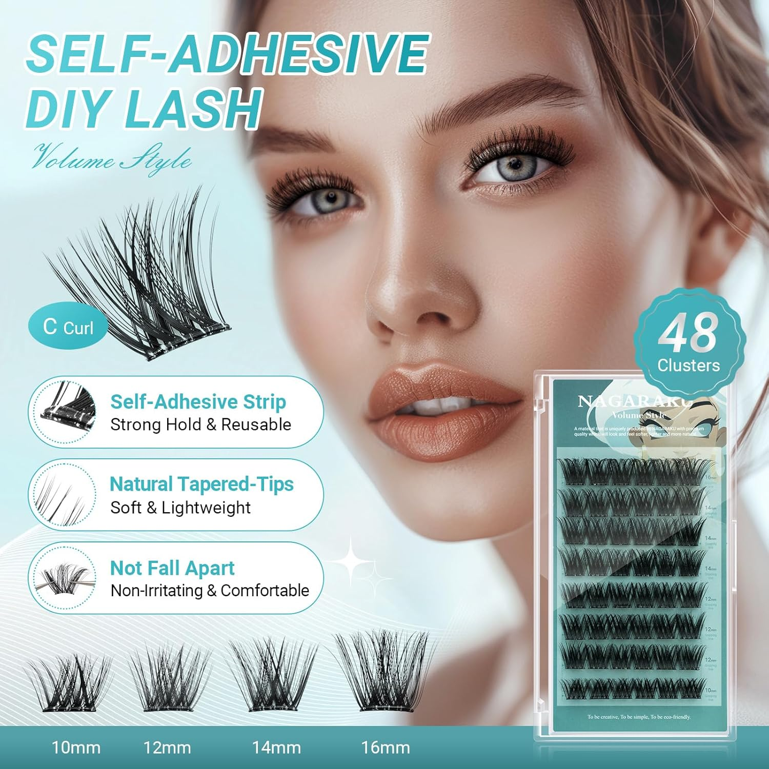 NAGARAKU Self Adhesive DIY Eyelash Clusters 48 Pcs No Glue and Remover Needed One-Step Press on Pre-Glued Self Stick No Damage Reusable Cluster Lashes Volume Style (SA-02, 0.07Mm C Curl 10-16Mm) image number 5