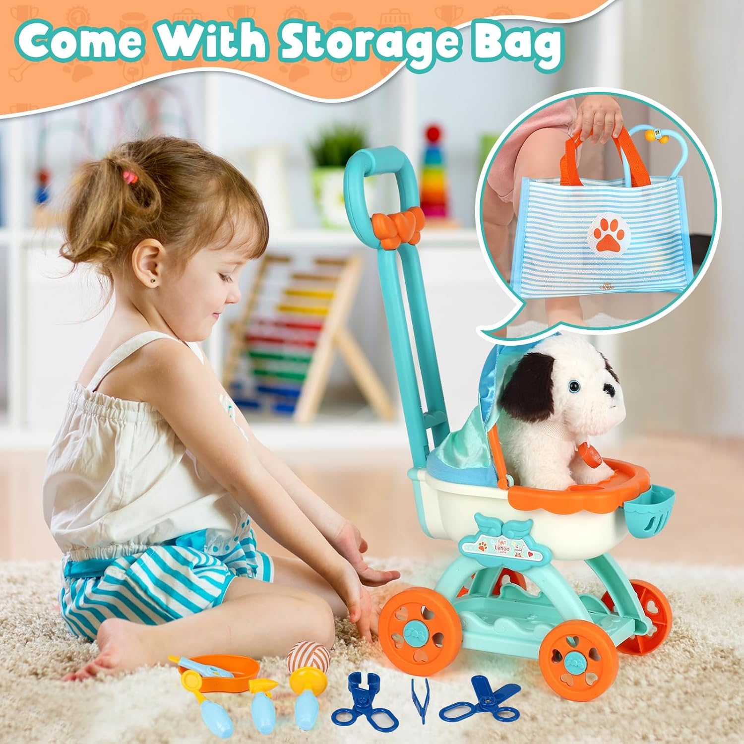 Lehoo Castle Kids Doctor Set, Pet Care Play Set, Vet Dog Pretend Play Doctor Kit Kids with Pet Stroller, Storage Bag Stethoscope, Role Play Set for 3 4 5 Year Boys Girls image number 1