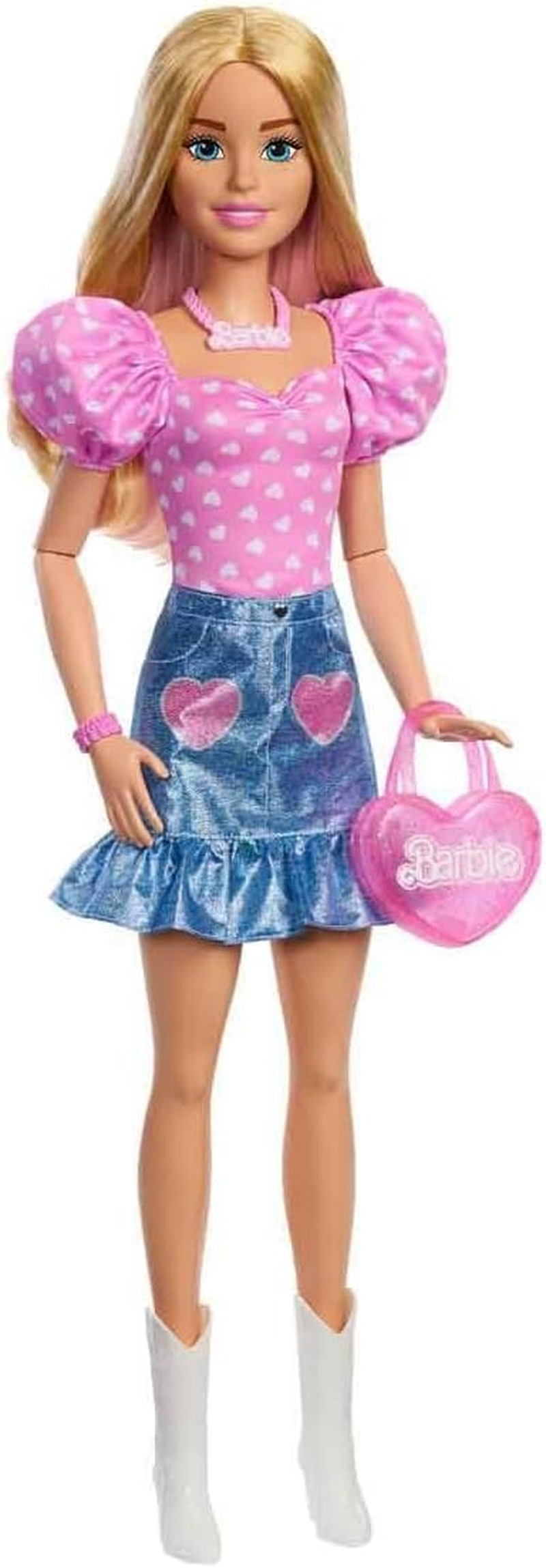 Barbie 28-In Blonde Fashion Doll with Removable Fashions, Pink Top, Denim Skirt, & Cowboy Boots, Necklace and Purse Accessory image number 1