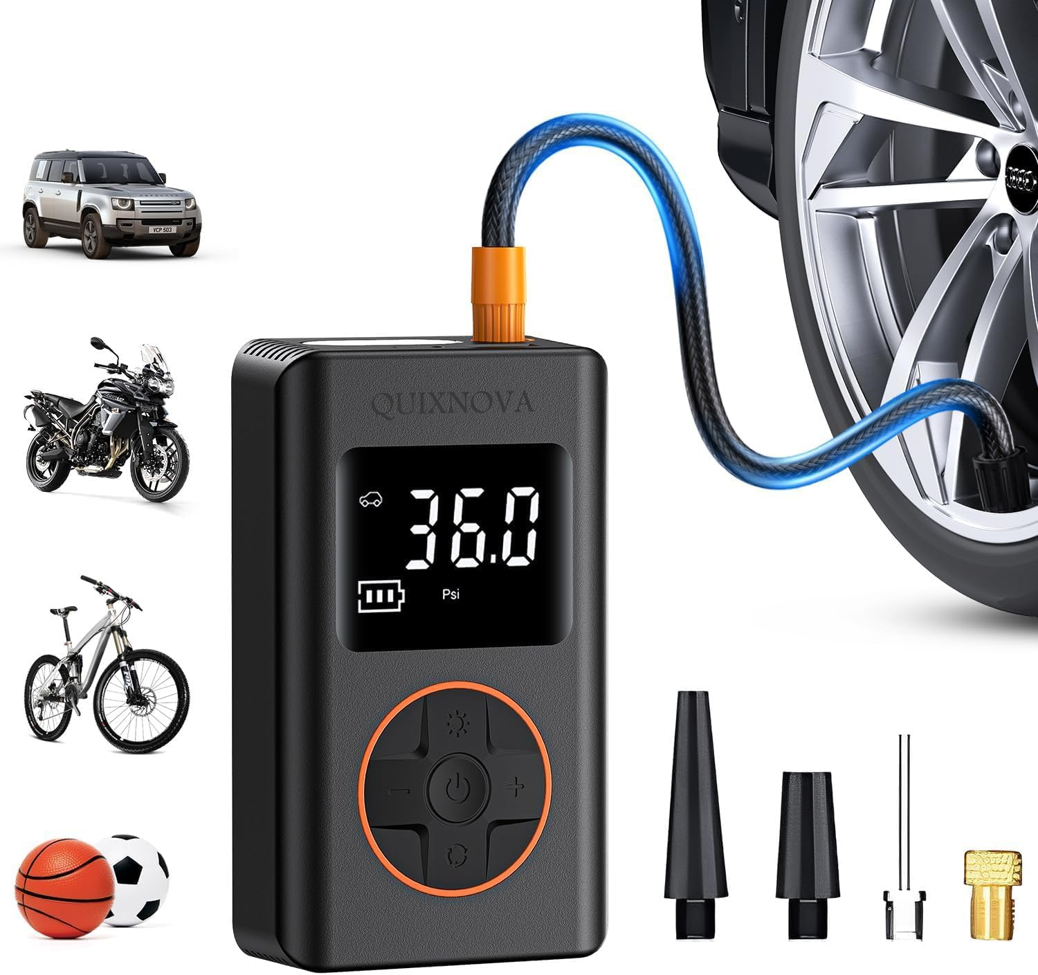 QUIXNOVA Tire Inflator Portable Air Compressor - 150 PSI Cordless Mini Bike Tire Pump, Air Pump for Car Motorcycle Bicycle Tires, Balls, with Pressure Gauge, LED Light image number 1