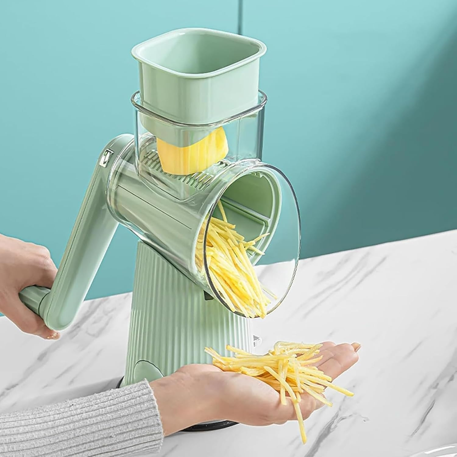 Tasmegol 5 in 1Rrotary Cheese Grater Hand Crank Food Shredder Vegetable Slicer with Handle for Kitchen （Green image number 3
