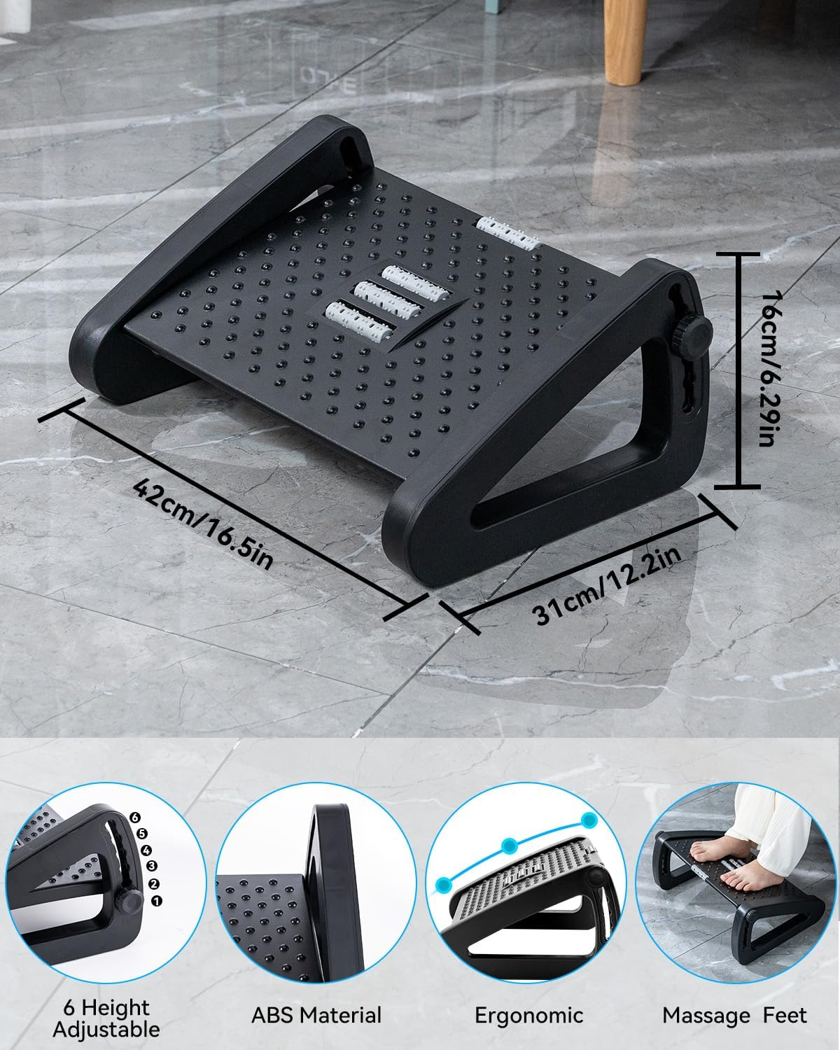 Foot Rest, 6 Height Sdjustable Footrest for Desk, Ergonomic Footrest, Massaging Surface to Relieve Stress & Improve Posture, Thick and Non-Slip, Suitable for Home Office Use image number 4