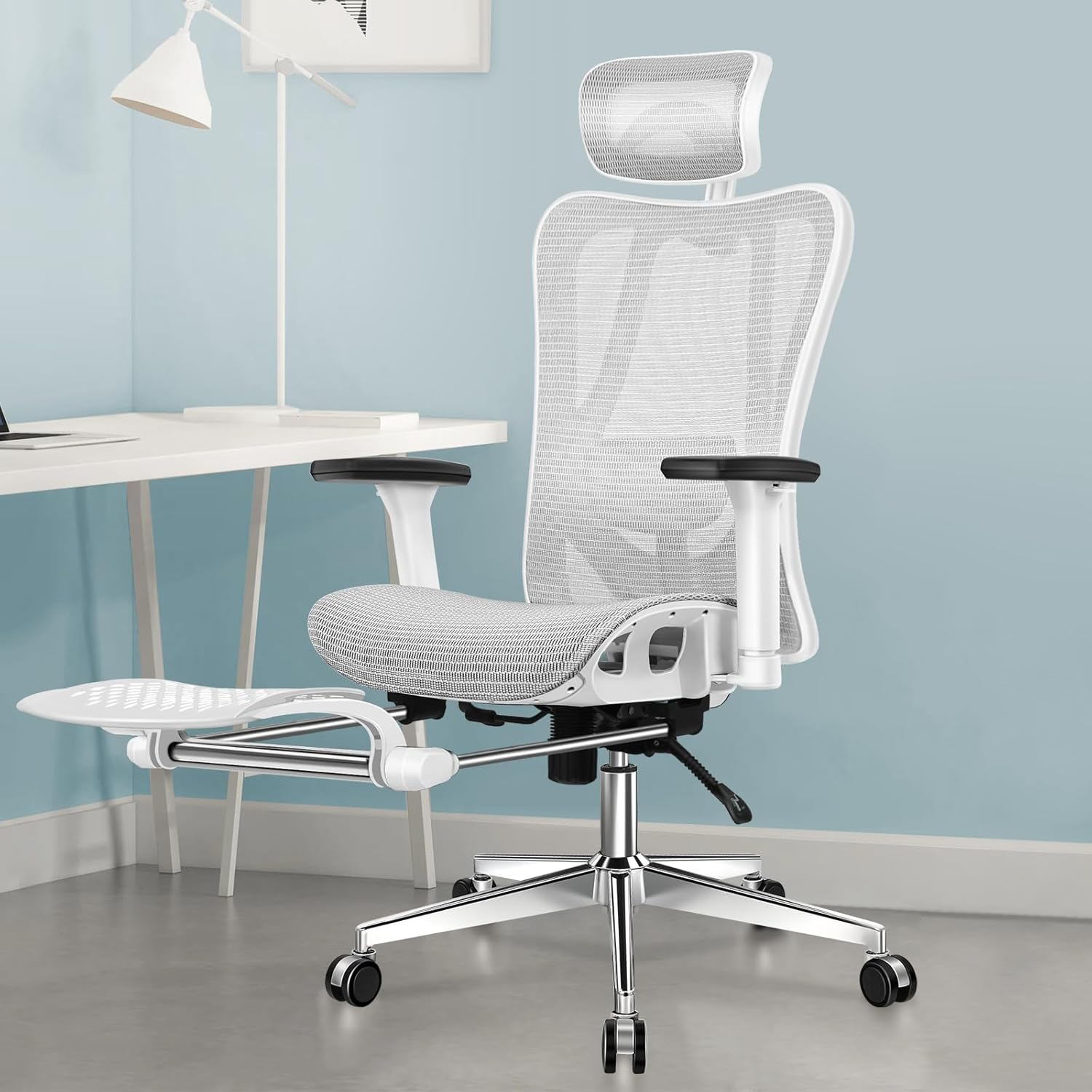 ALFORDSON Ergonomic Mesh Office Chair with 3D Armrest, Recline & Tilt Executive Study Chair with Adaptive Lumbar Support, Computer Gaming Desk Chair with Adjustable Headrest & Footrest, White Grey