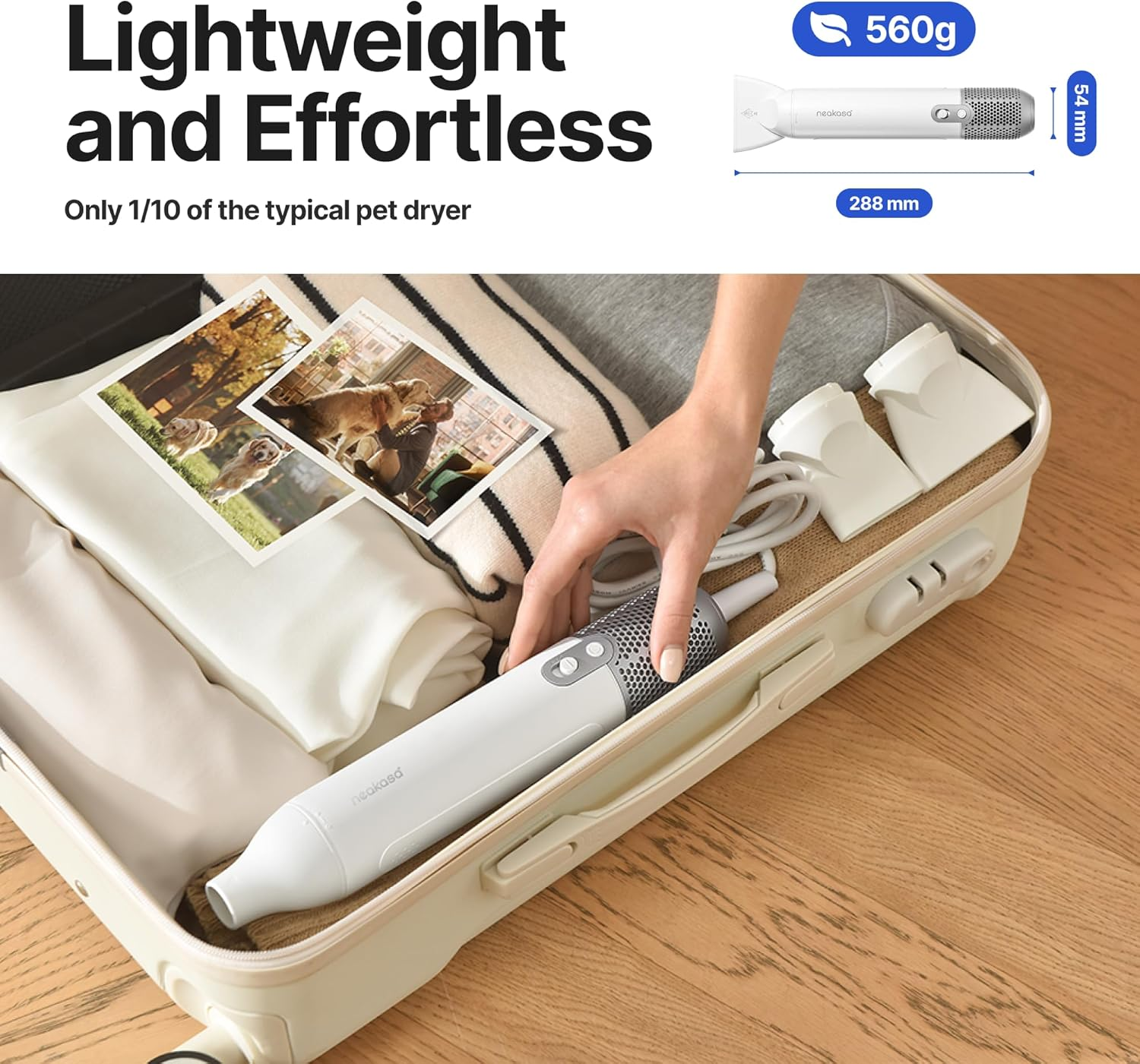 Dog Grooming Dryer Portable, Fast Drying, JM MD COLTD Pet Hair Dryer High Speed, Quiet, 560G Lightweight for Travel, 3 Nozzle, 8 Modes