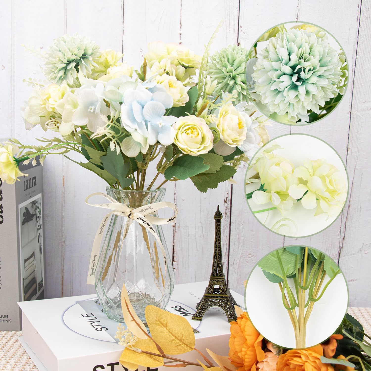 2 Bundles Artificial Flowers Set Roses Camellia Peony Chrysanthemum Combo Faux Flowers Bulk Flower Leaf with Stems for DIY Centerpieces Wedding Party Home Decorations (Green) image number 2