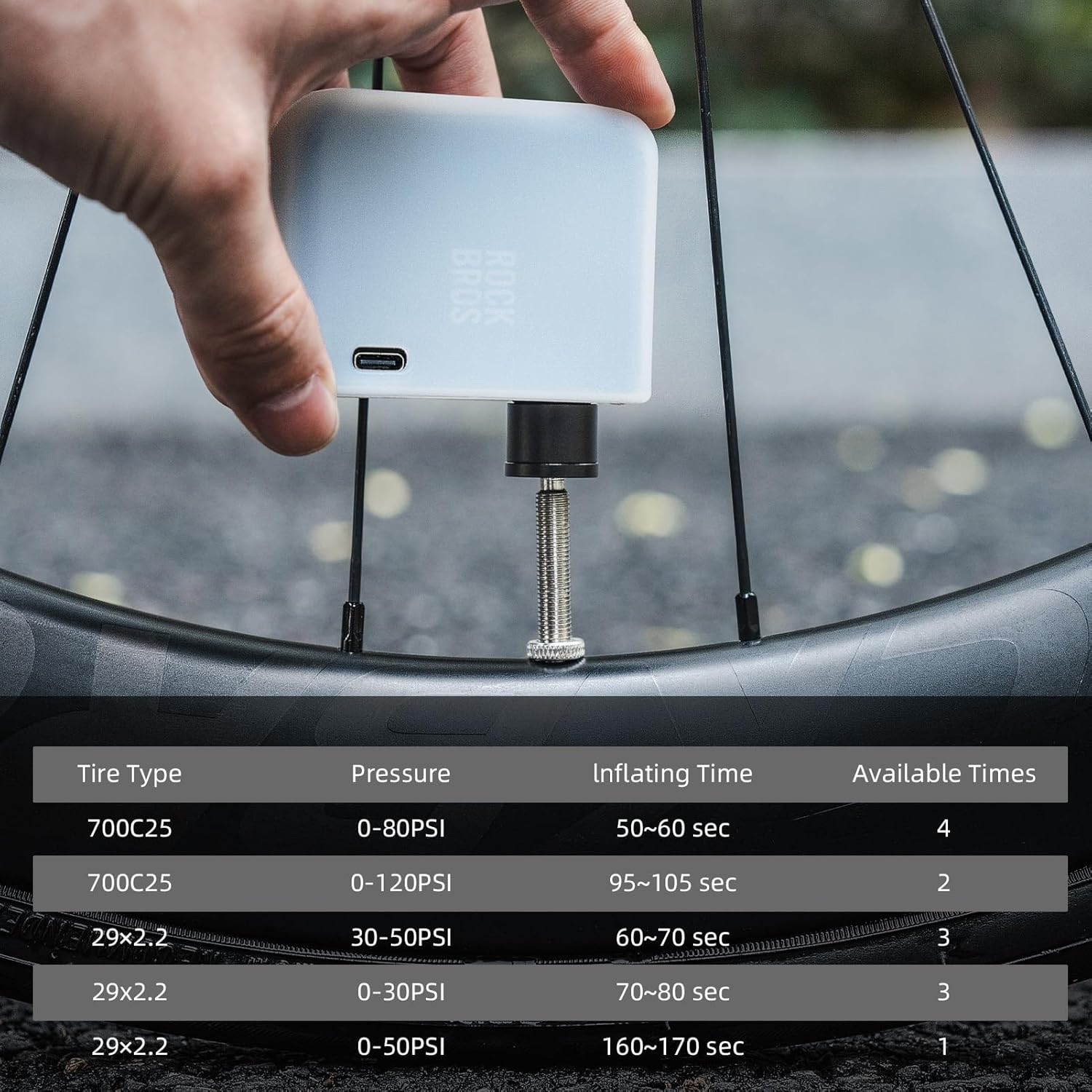 ROCKBROS Mini Bike Pump Portable Electric Bicycle Pump100Psi Tiny Bike Air Pump Tire Inflator Type-C Rechargeable Battery with Presta Schrader Valve, Cycling Gifts for Men Women image number 5