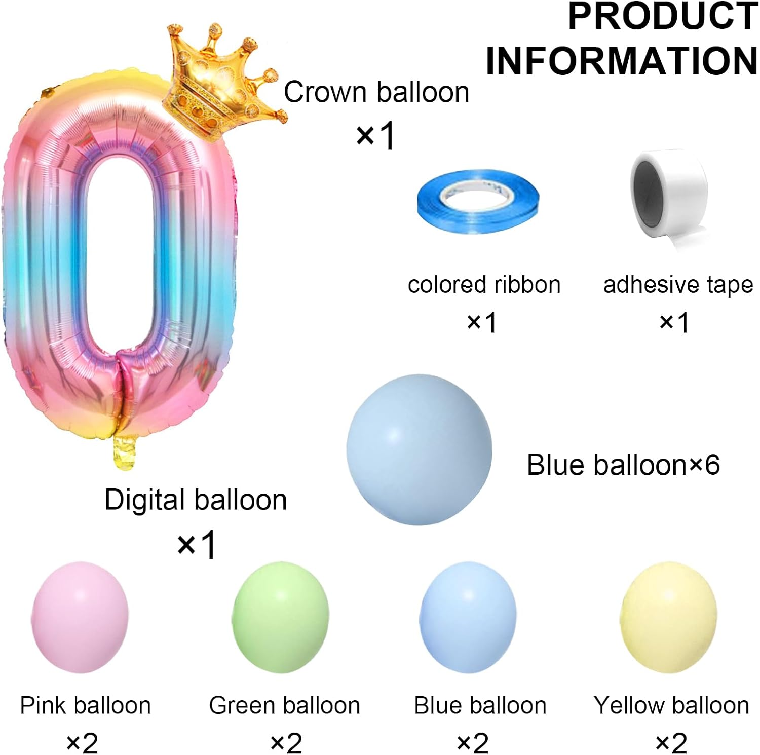 Number 0 Balloon, Rainbow Birthday Balloon, 40 Inch Foil Balloons, Crown Star Large Balloons for Girls Women Men Birthday Party Decor-0 image number 5