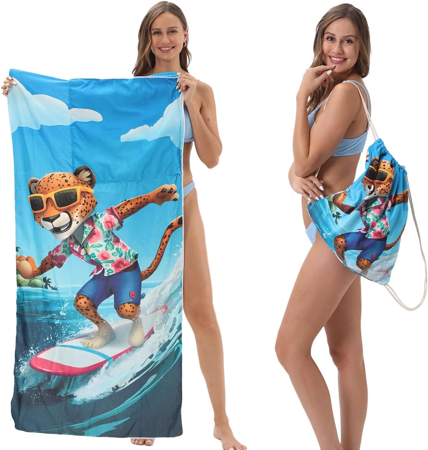 Beach Towel Backpack &ndash; Portable 2-In-1 Sand-Free Beach Towel with Integrated Storage Bag &ndash; Lightweight, Quick-Dry, Printed Towel for Travel, Swimming, Camping & Outdoor Activities (Style 3) - Style 3-Surfing Leopard image number 2