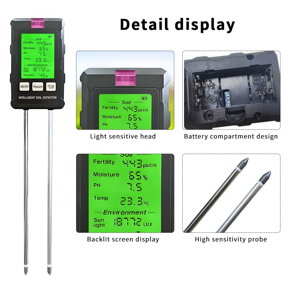 QUMOX 6-In-1 Soil Tester Meter with Rotatable Screen &ndash; Measures Ph, Moisture, Fertility, Temperature, Sunlight, Air Humidity &ndash; Digital Soil Analyzer for Garden, Lawn, Greenhouse