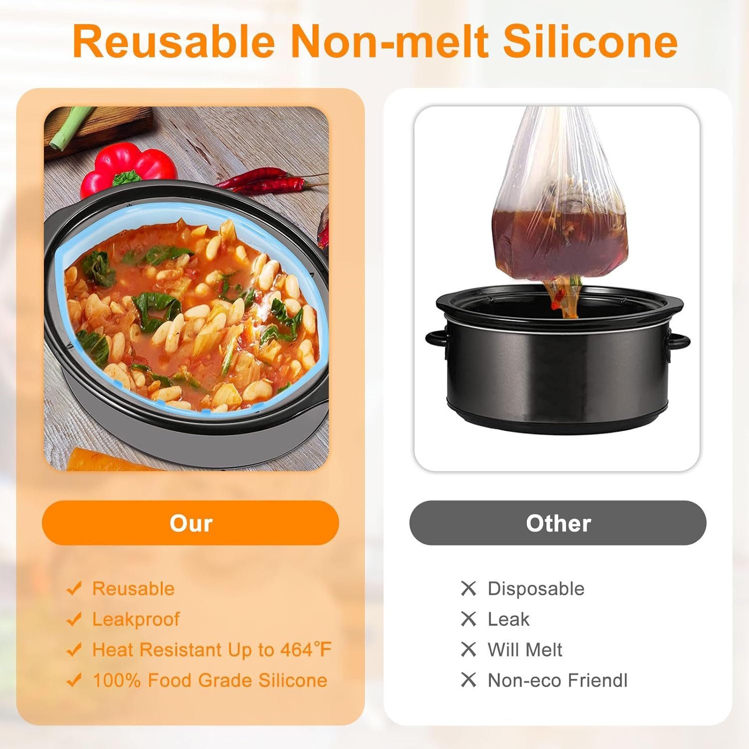 Silicone Slow Cooker Liners Fits 6-10 QT Crock Pot Orange and Blue Silicone Crock Pot Liners Reusable Crock Pot Bags Liners for round or Oval Pots Large Size Dishwasher Safe Leak-Proof Cooking Liner image number 3