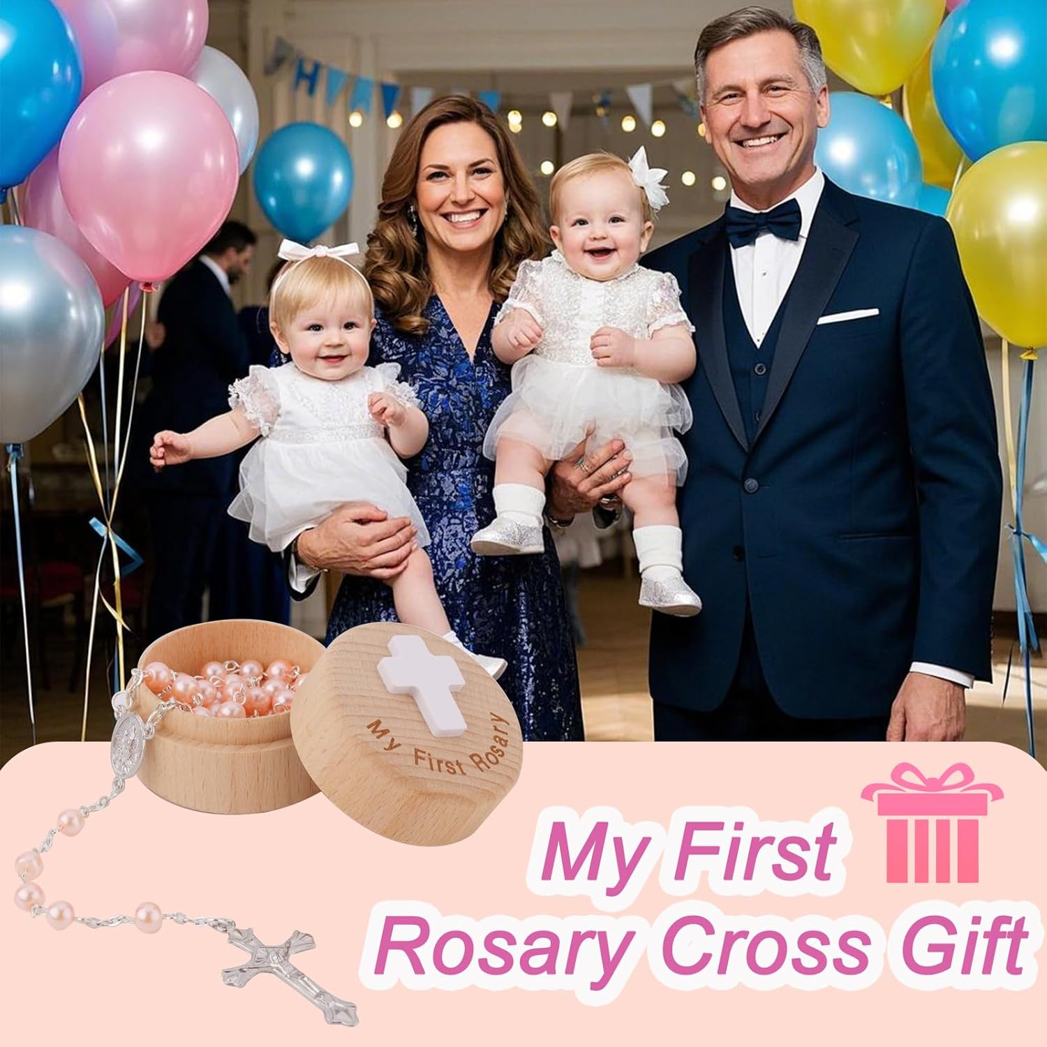 My First Rosary Baptism Gifts, Baptism Memorial Box Pink Rosary Necklace Beads Christening Gifts Catholic First Communion Gifts Rosary Box Holder for Women Baby Shower image number 2