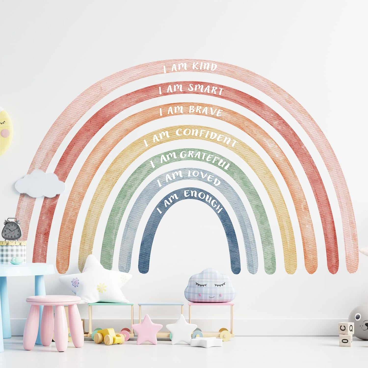 Tinideya 76.77X47.24'' Watercolor Large Rainbow Wall Decal Classroom Wall Decor with Inspirational Quote Peel and Stick Stickers Waterproof Wallpaper for Girls Kids Bedroom Nursery Playroom(Cute)