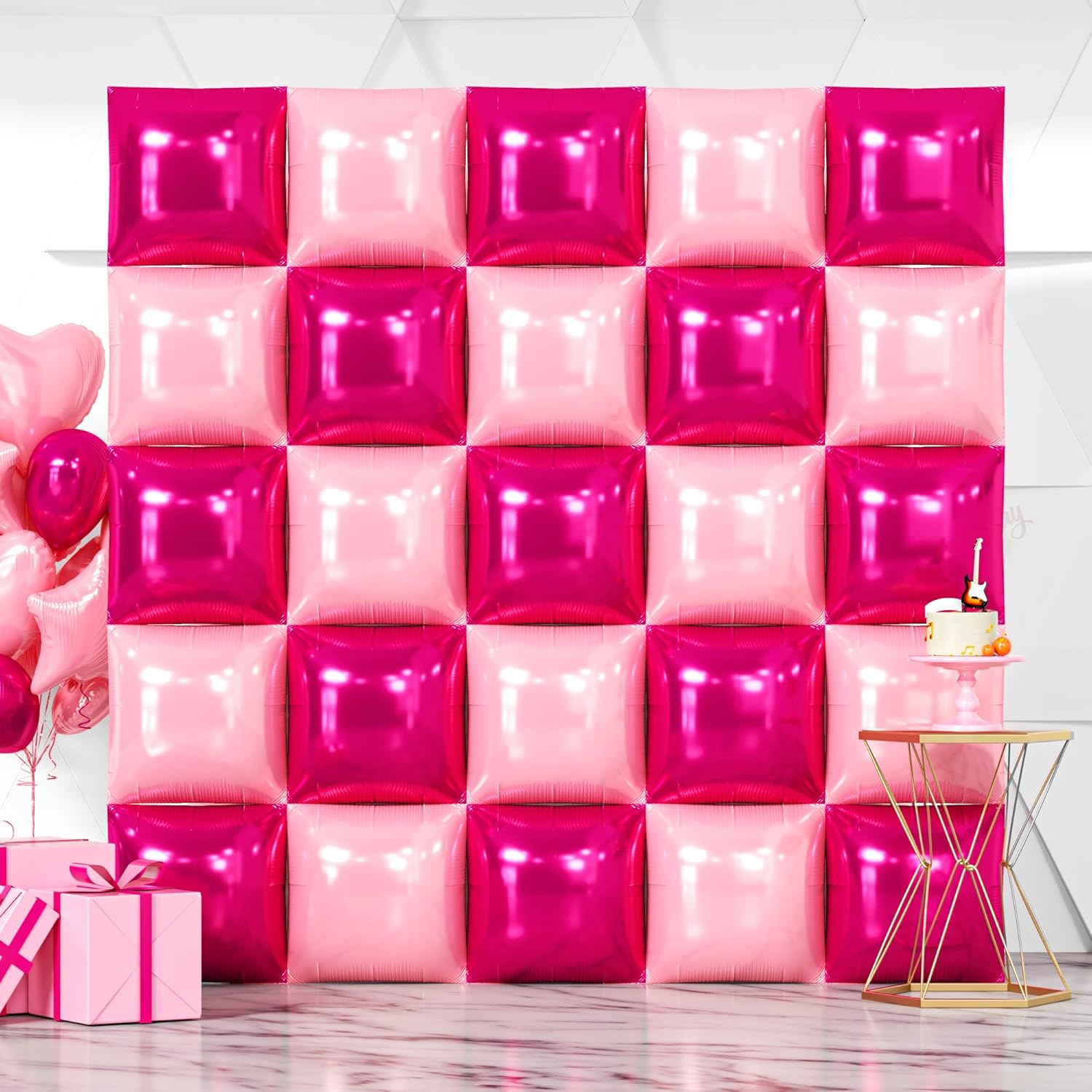 Hot Magenta Pink Square Foil Balloons Wall Backdrop 25PCS Double Sided Metallic Pink Balloons Arch Kit for Girl Anniversary Bachelorette Birthday Engagement Bridal Baby Shower Party Decorations image number 5