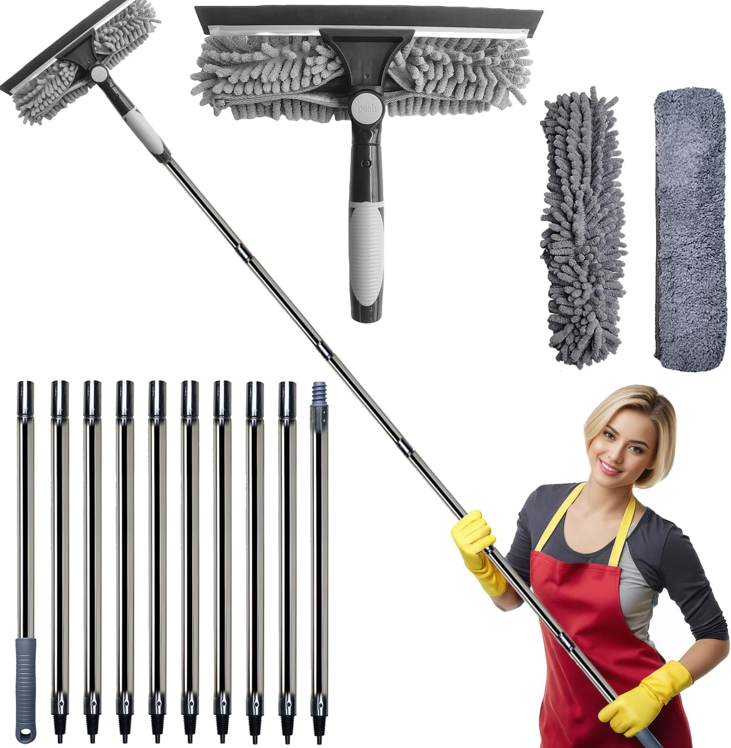 20+ Feet Reach 2 in 1 Window Washing Squeegee & Duster with 3-14 Ft Detachable Extension Pole // Window Cleaning Tool & Window Washer Squeegee for Home Indoor Outdoor Window Washing (Grey)