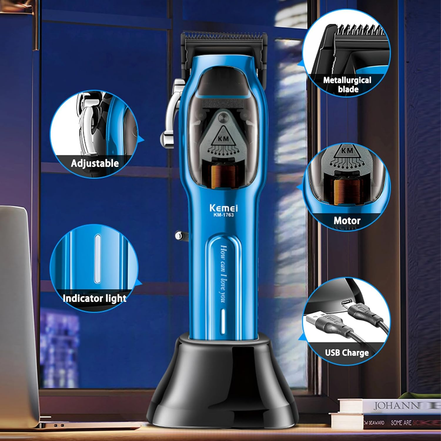 KEMEI Professional Hair Clippers for Men Cord/Cordless Hair Cutting Kits, Hair & Beard Trimmer, Adjustable Barber Clippers with USB Rechargeable, KM-1763 image number 4