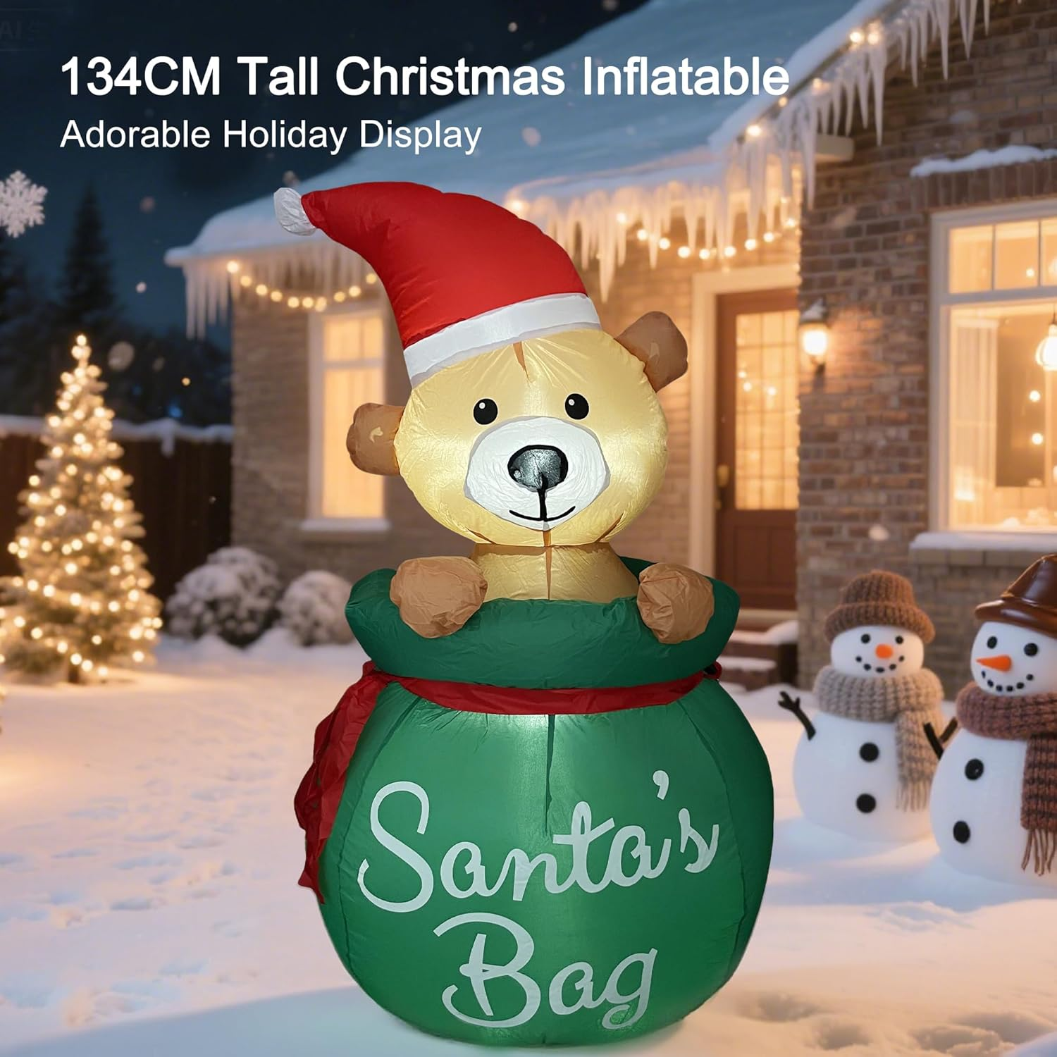 ONEIN 134CM Christmas Inflatables Teddy Bear in Santa&rsquo;S Bag with LED Lights - Cute Outdoor Blow up Decoration for Xmas Yard, Garden & Party - Weather-Resistant with Built-In Fan, Stakes & Sandbags image number 3