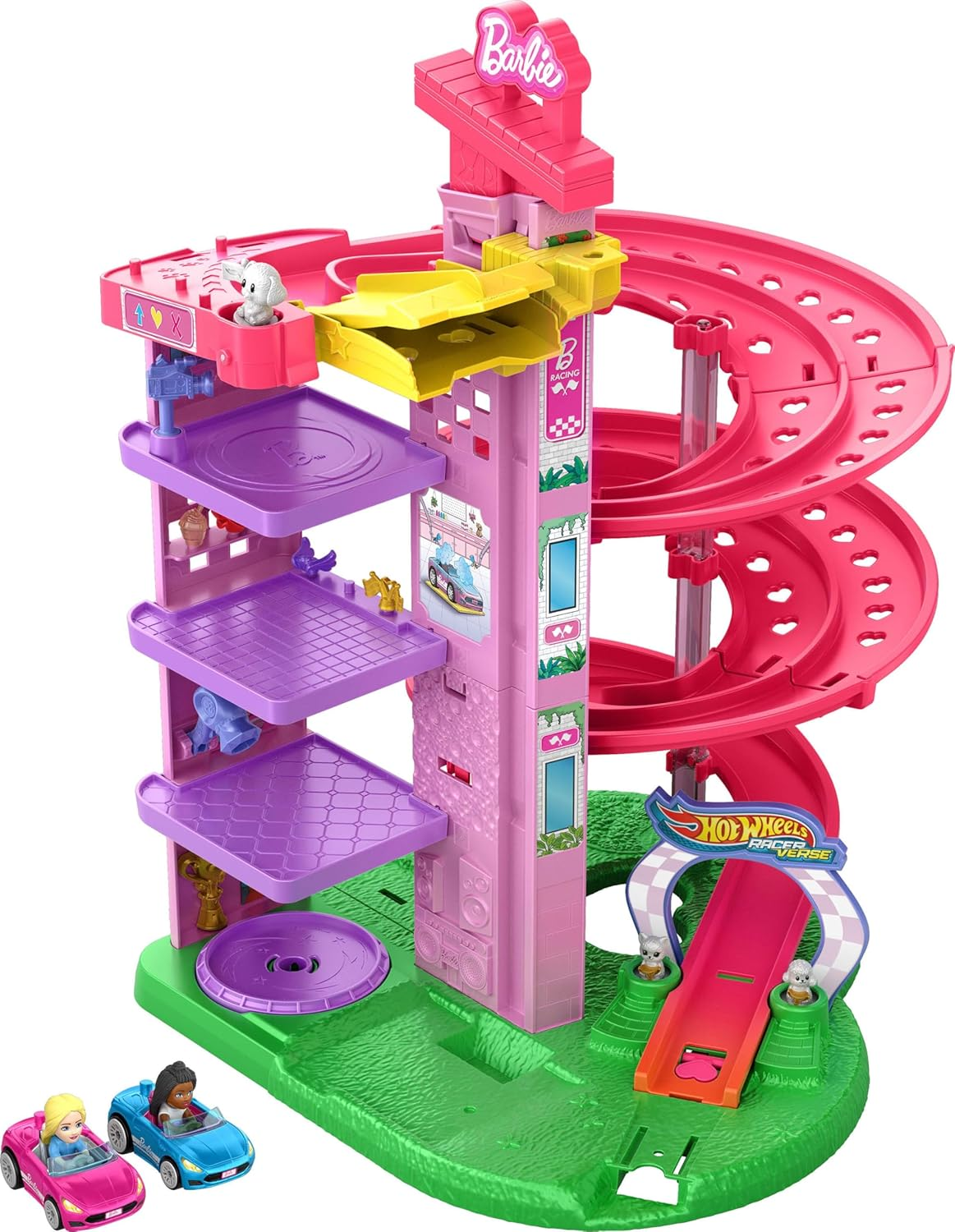 Hot Wheels Toy Cars & Tracks, Racerverse Barbie Spiral Race Playset with Barbie &ldquo;Malibu&rdquo; & Barbie &ldquo;Brooklyn&rdquo; Die-Cast Cars, 5-Levels, Dual Tracks image number 5