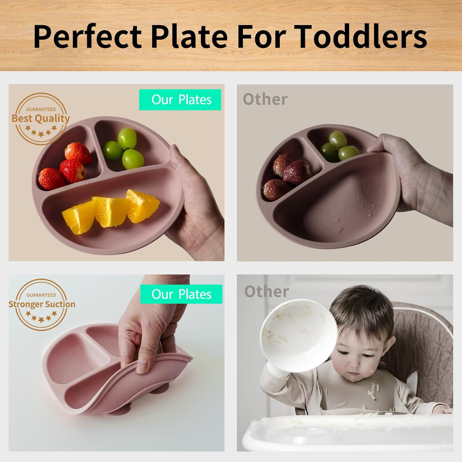 Baby Plates with Suction - Silicone Baby Suction Plates for Toddler Kids Self Feeding - Weaning Plates for High Chair Tray - Unbreakable, Portable, Non Slip (Dark Blue/Grey/Grey Blue) image number 1