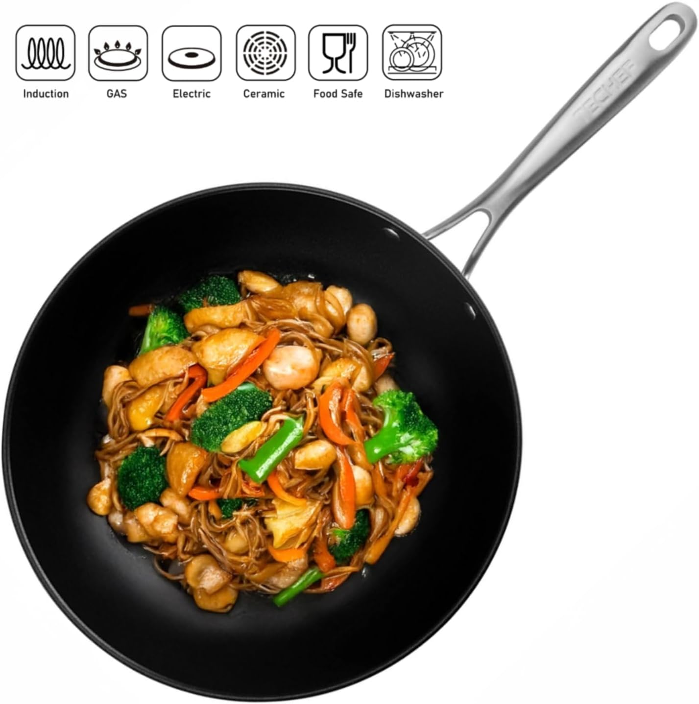 TECHEF Onyx Collection, 12-Inch Wok/Stir-Fry Pan, New Teflon Platinum Non-Stick Coating, Black