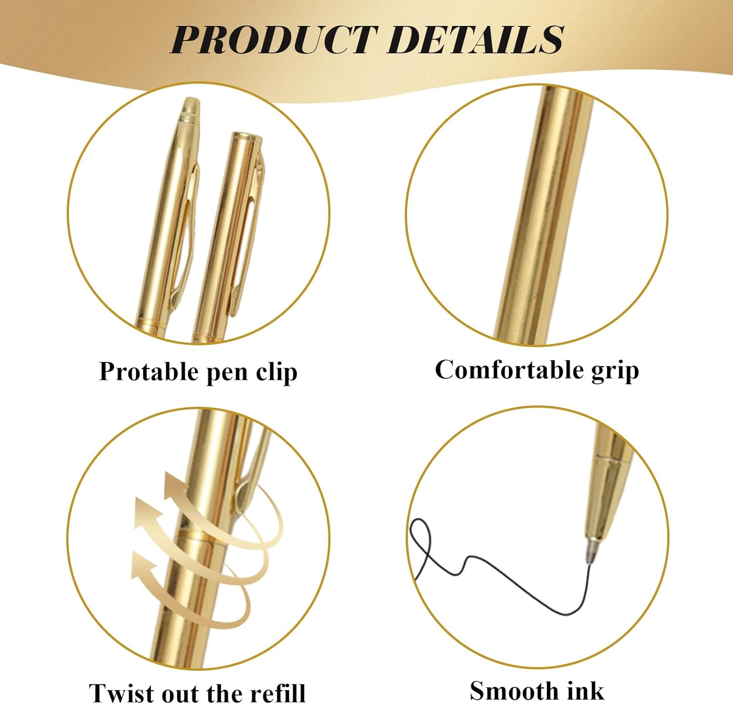 50 Pcs Gold Metal Pens Retractable Ballpoint Pen Bulk Slim Ballpoint Pens 1Mm Medium Point Pens with Black Ink for Wedding School Business Office Supplies (Modern, 50)